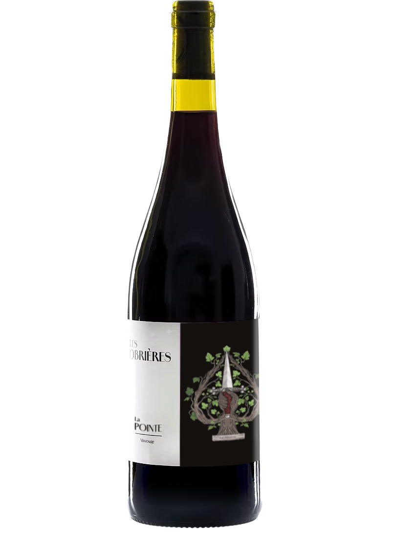Mockup bouteille La Pointe — vin rouge bio Les Obrières, illustration héraldique poignard et vigne