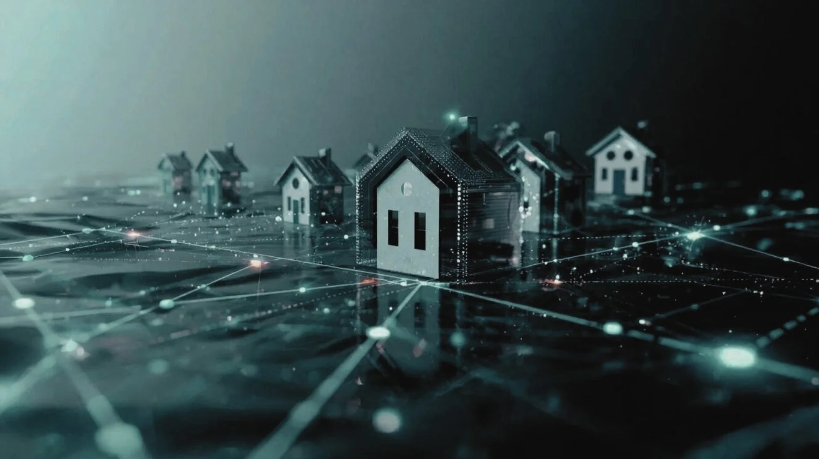 Multiple small houses with digital connections and glowing points, representing a smart or connected community.