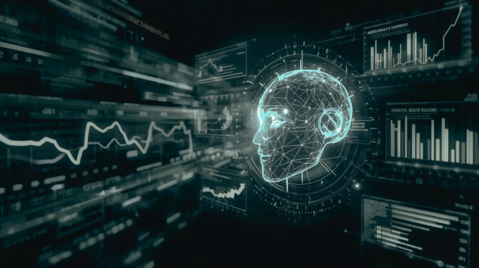 Futuristic digital illustration of a human face profile in a wireframe design, surrounded by graphs and data charts on a dark background.