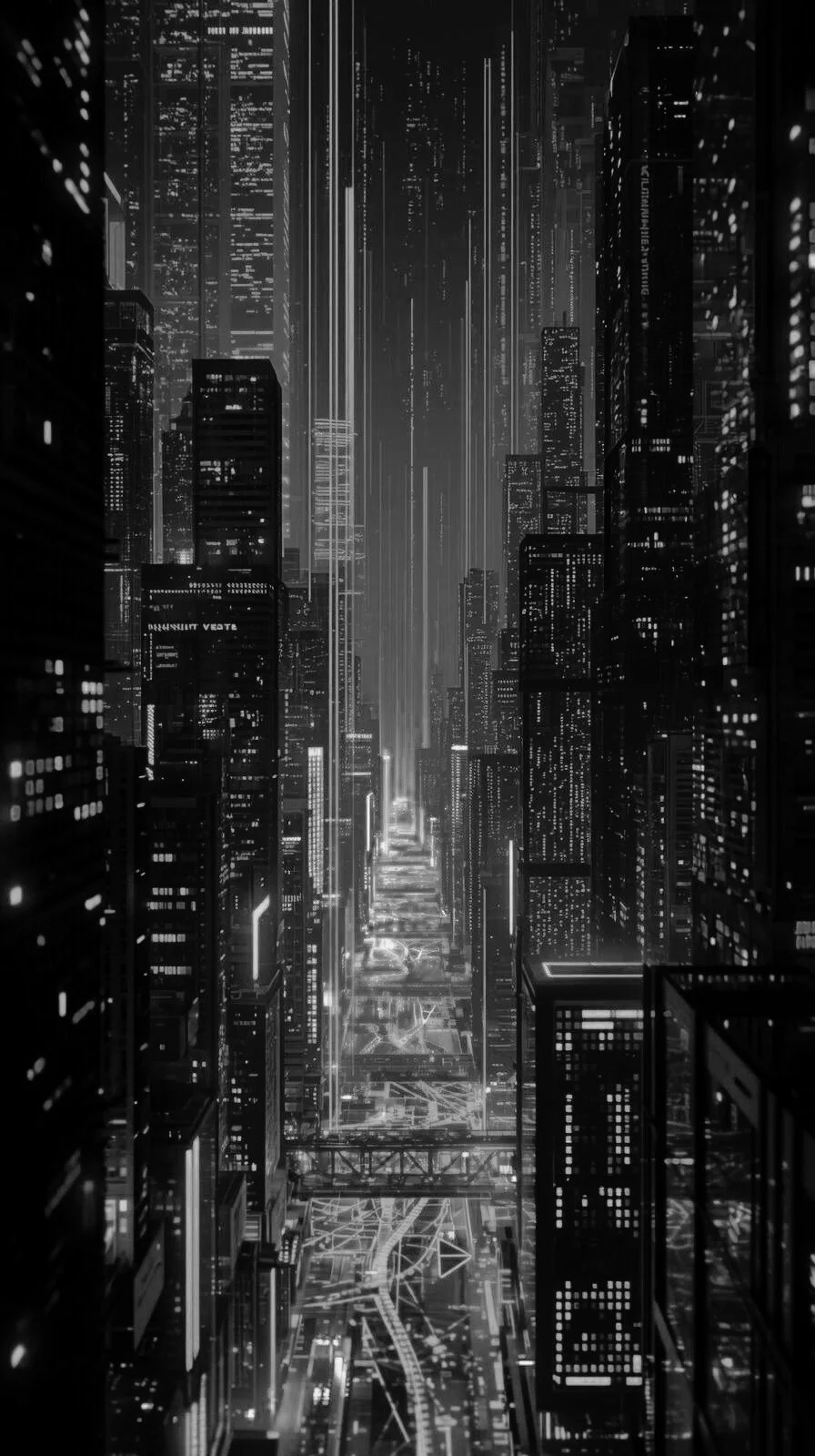 A futuristic black and white digital cityscape featuring tall skyscrapers with illuminated windows and light trails, suggesting movement or data flow.