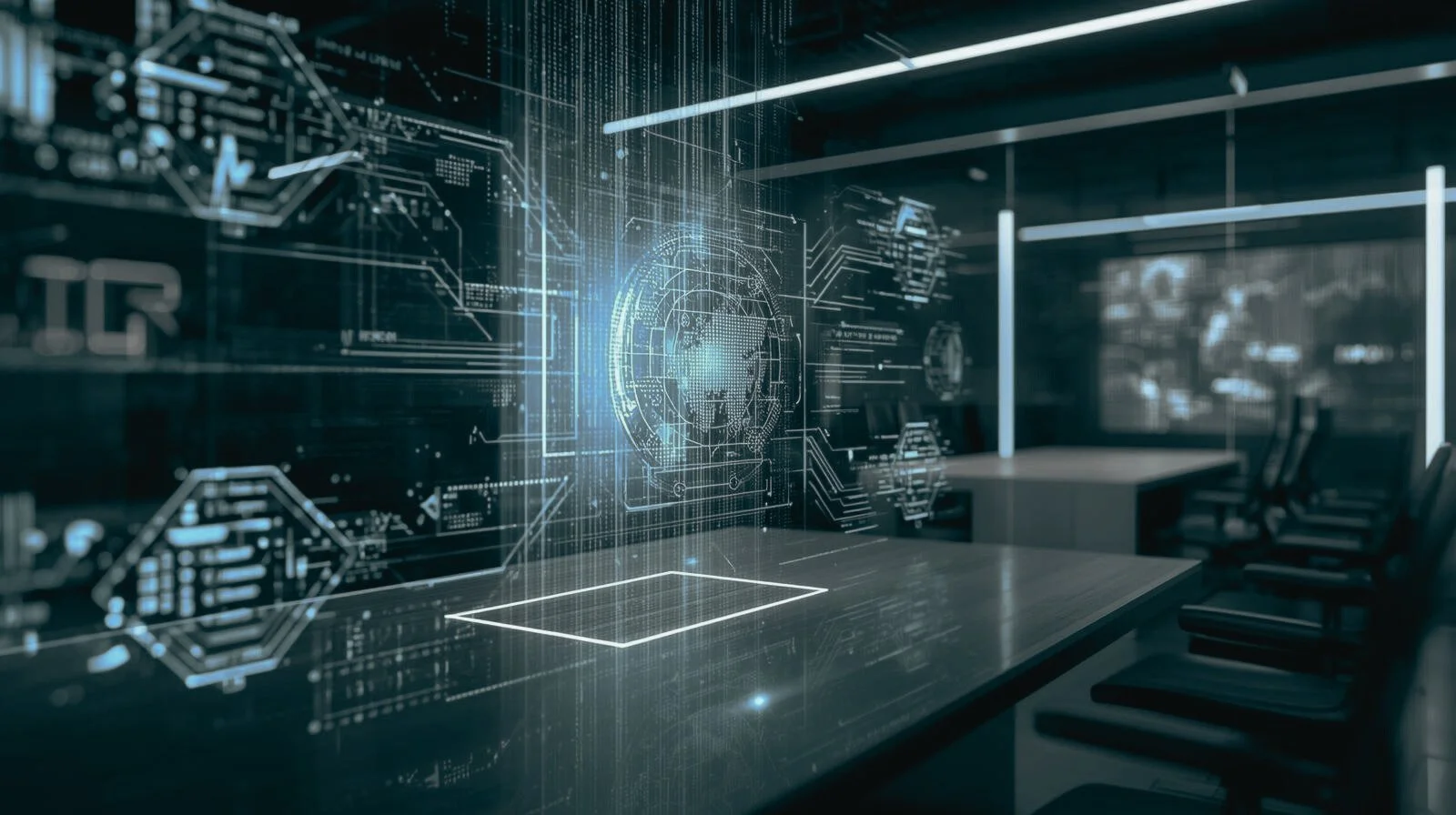 Futuristic conference room with digital blueprints and holographic interface projections on the wall.