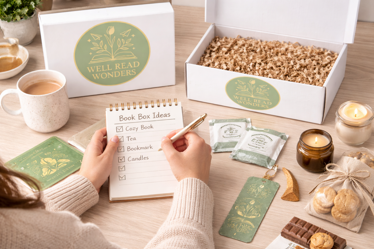 A person writing a checklist in a notebook titled "Book Box Ideas" with items such as cozy book, tea, bookmark, candles. Surrounding are tea packets, a box labeled "Well Read Wonders," two lit candles, cookies, chocolate, and Book-themed decorations on a light wooden table.