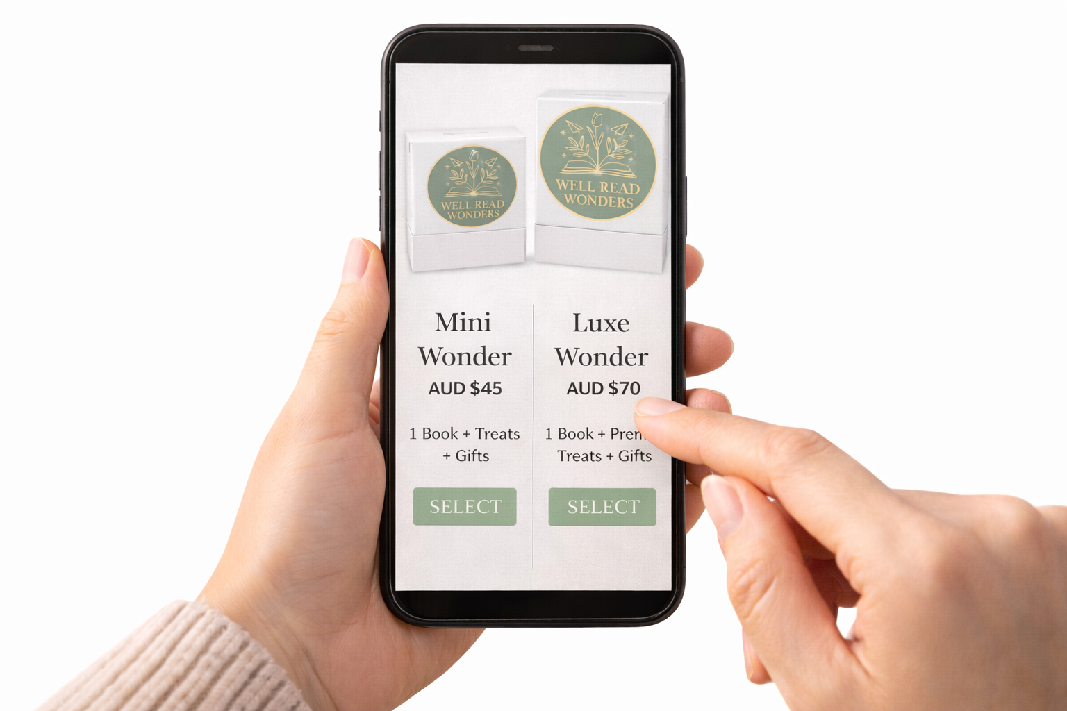 Person holding a smartphone displaying options for purchasing books called Mini Wonder and Luxe Wonder, with pricing and details.