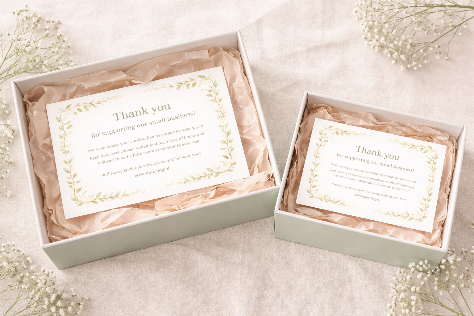 Two white gift boxes with pink tissue paper lining, each containing a thank you card with a leafy border and cursive text, surrounded by white flowers on a light fabric surface.