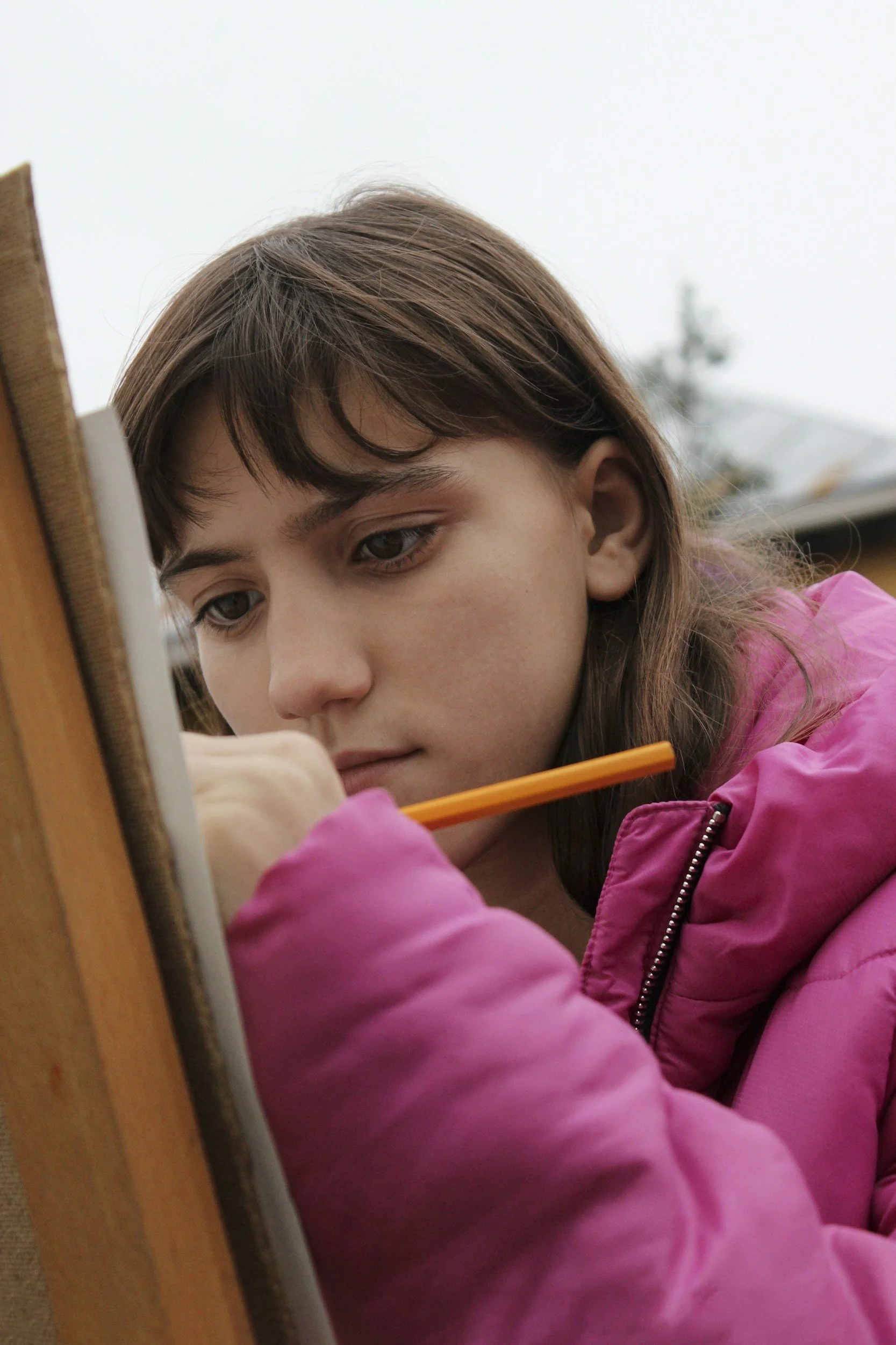 Close-up of a young girl with brown hair and brown eyes wearing a pink jacket, focusing on her face as she leans against a wooden surface outdoors.
