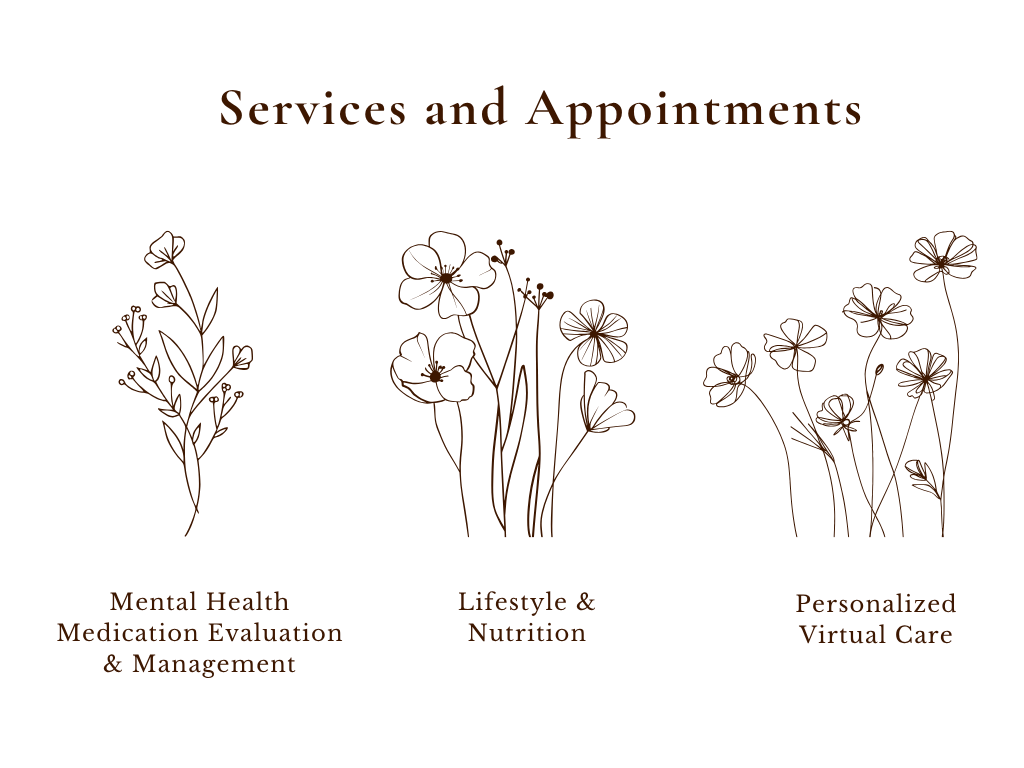 Services and Appointments include Mental Health Medication Evaluation & Management, Lifestyle & Nutrition, and Personalized Virtual Care, illustrated with line drawings of flowers.