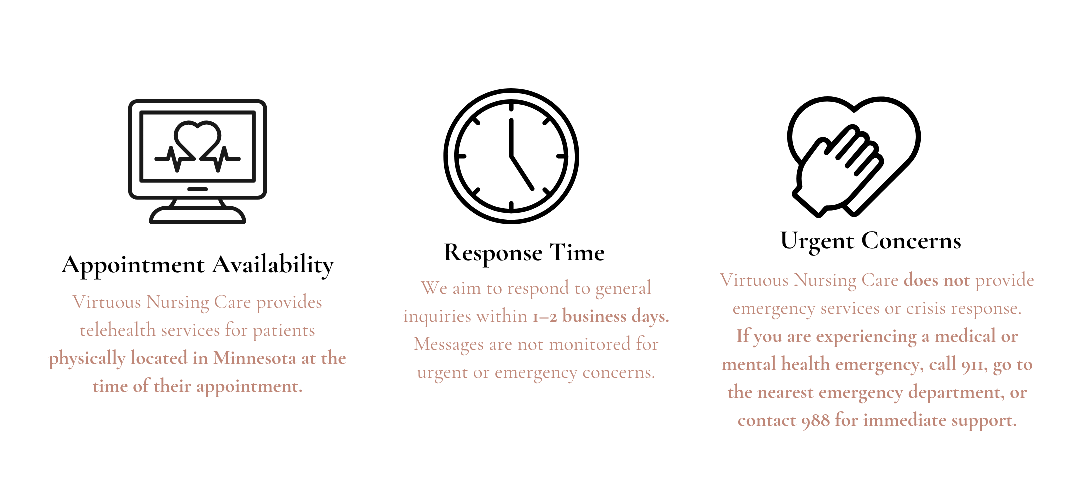 Information about Virtuous Nursing Care providing telehealth services and emergency contact instructions.