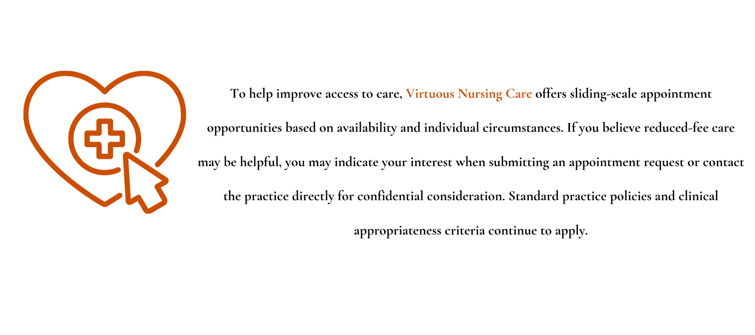 Orange line drawing of a heart with a medical cross inside, and a computer mouse cursor pointing to it, alongside the text 'Virtuous Nursing Care' on a black background.