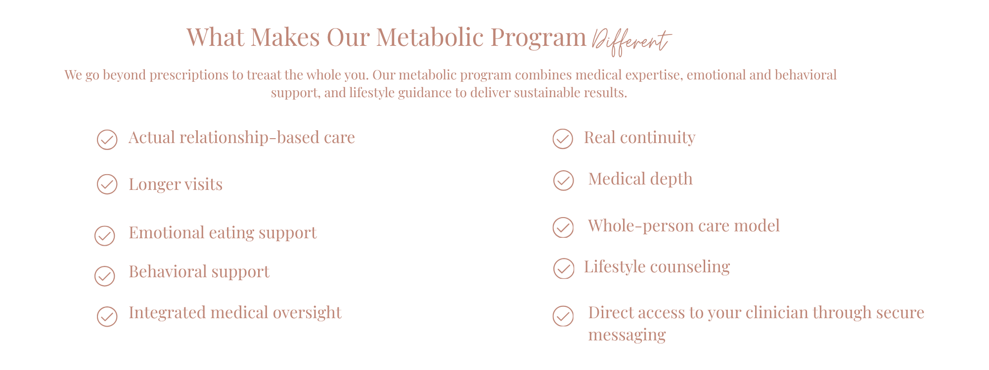 Text-based promotional content explaining a holistic metabolic program, highlighting relationship-based care, emotional and behavioral support, medical depth, continuous care, whole-person approach, and easy access through secure messaging.