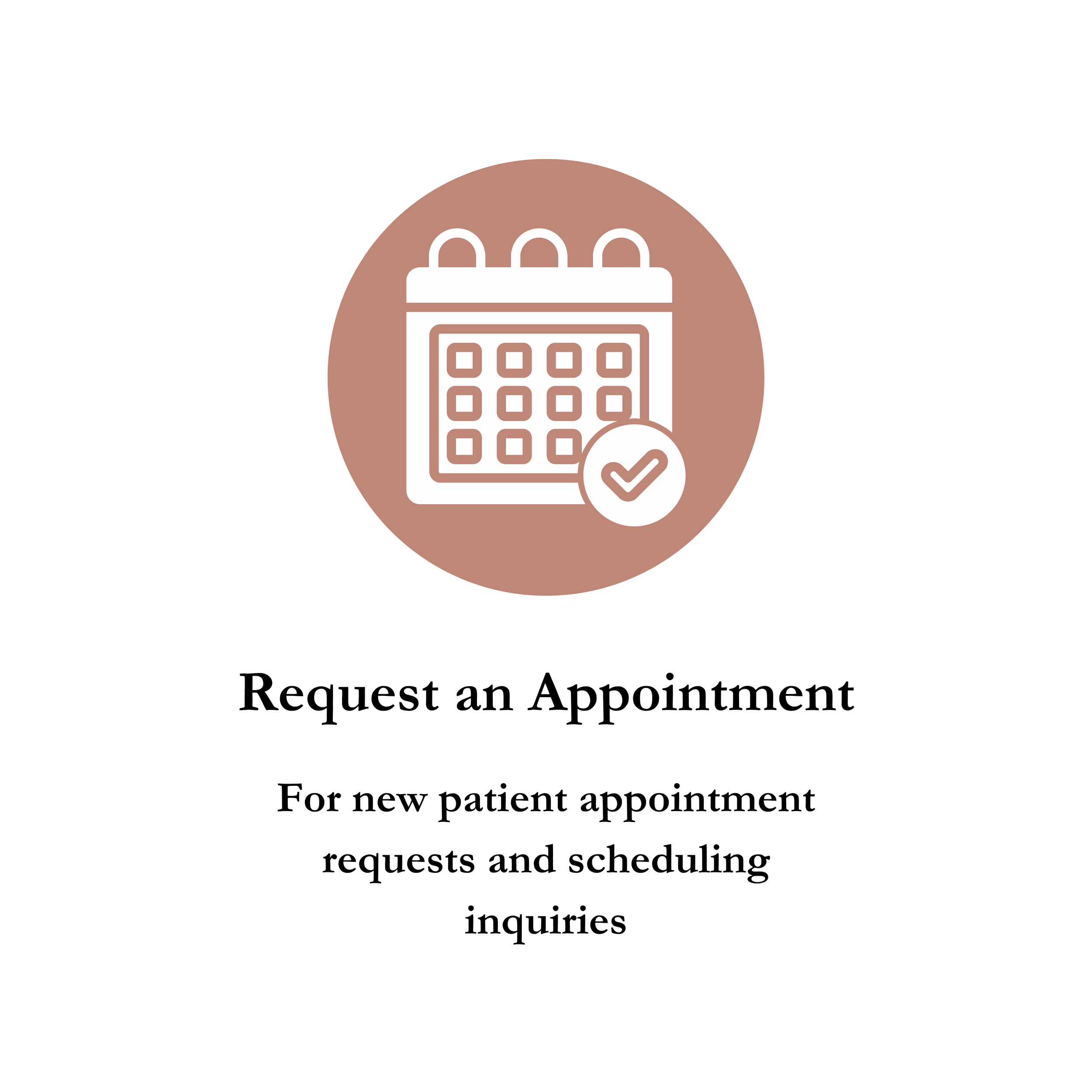 An illustration of a calendar with a checkmark, indicating scheduling or appointment booking, with text below it reading 'Request an Appointment'.