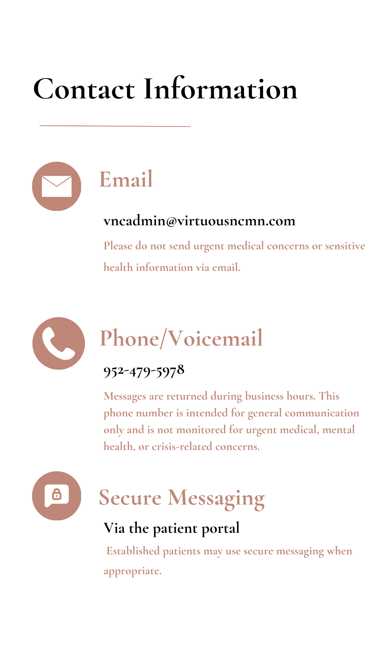 Contact information page with email, phone, and secure messaging details, including icons for each method and related instructions.