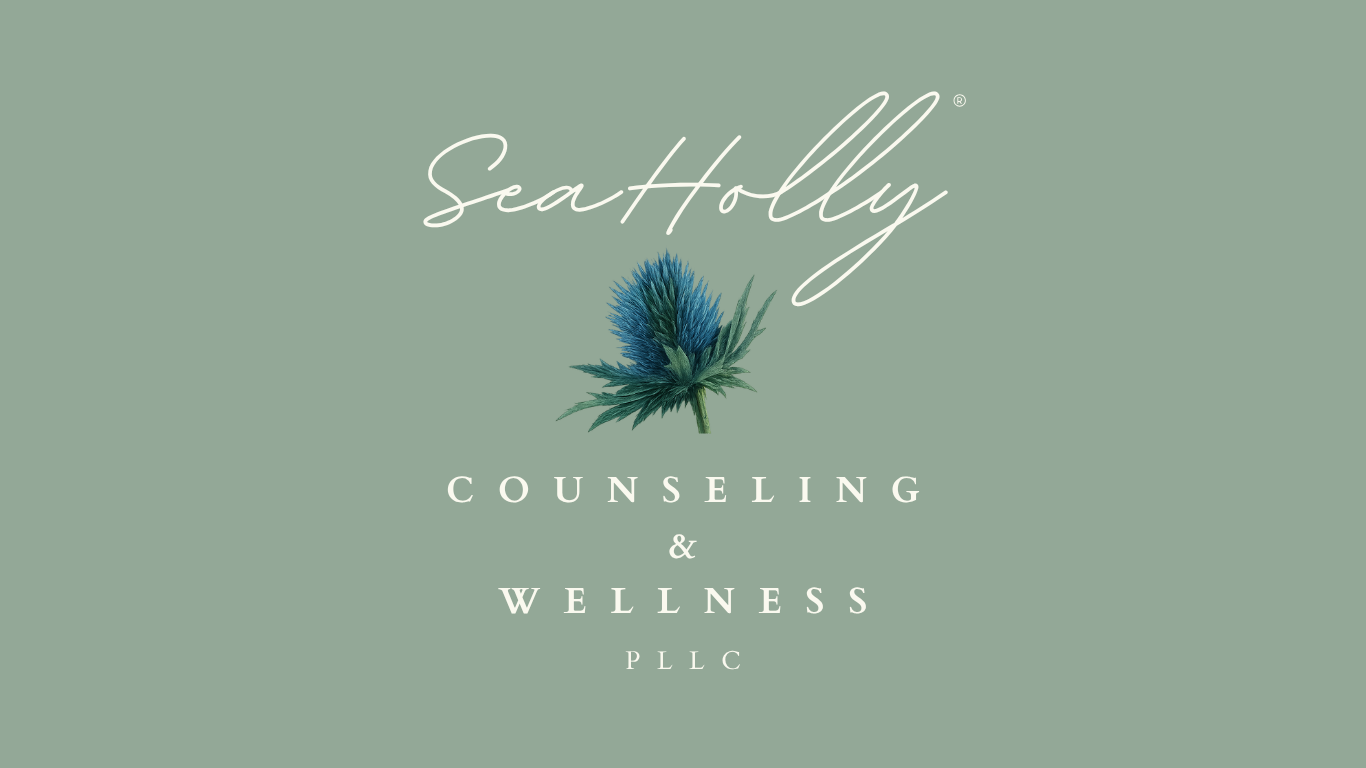 Logo for SeaHolly Counseling & Wellness PLLC featuring a blue thistle flower on a muted green background.