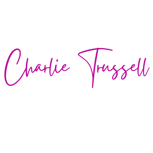 Black logo with pink handwritten-style text reading "Charlie Thussell".