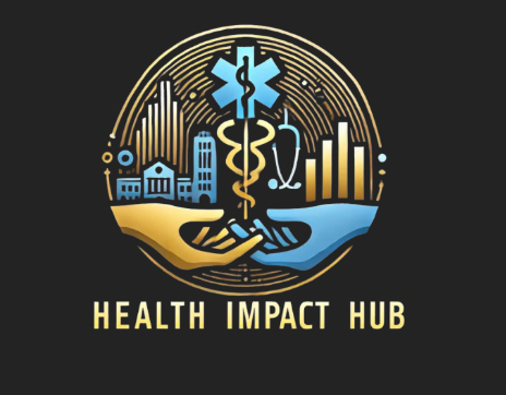 A logo for Health Impact Hub featuring a caduceus symbol intertwined with a cityscape and bar graph, with hand illustrations at the bottom.