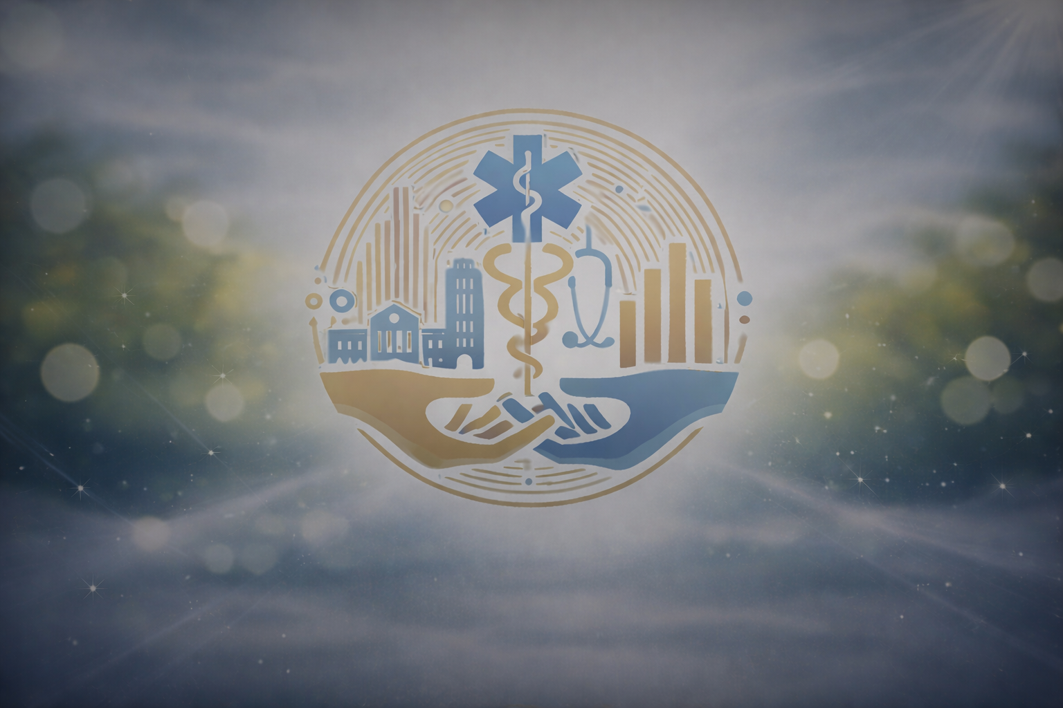 A digital illustration featuring healthcare symbols, including the caduceus, a stethoscope, and a medical cross, over a cityscape and bar graph, with a starry background and abstract light effects.