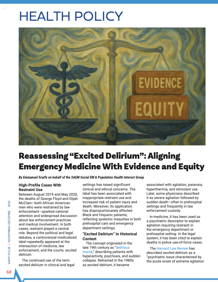 A digital poster or newsletter page titled 'Health Policy' with a painting of the scales of justice, with one side labeled 'Evidence' and the other 'Equity'. The background has swirling yellow and blue patterns.