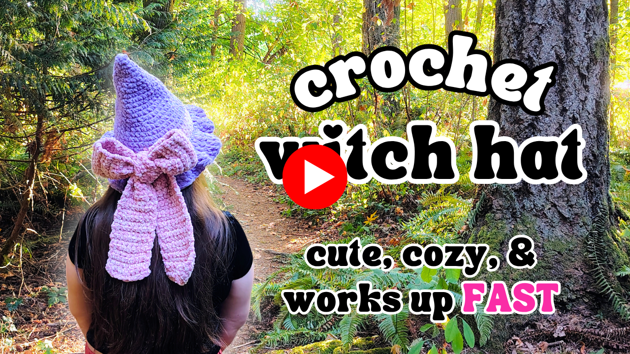 Tiffany wearing a purple crocheted witch hat and scarf on a forest trail, with text promoting a cute, cozy crochet witch hat pattern.