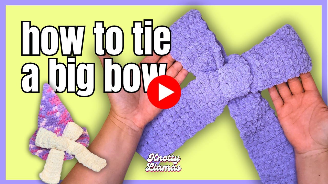 How to tie a big bow using purple textured yarn, shown with hands and a finished purple plush bow