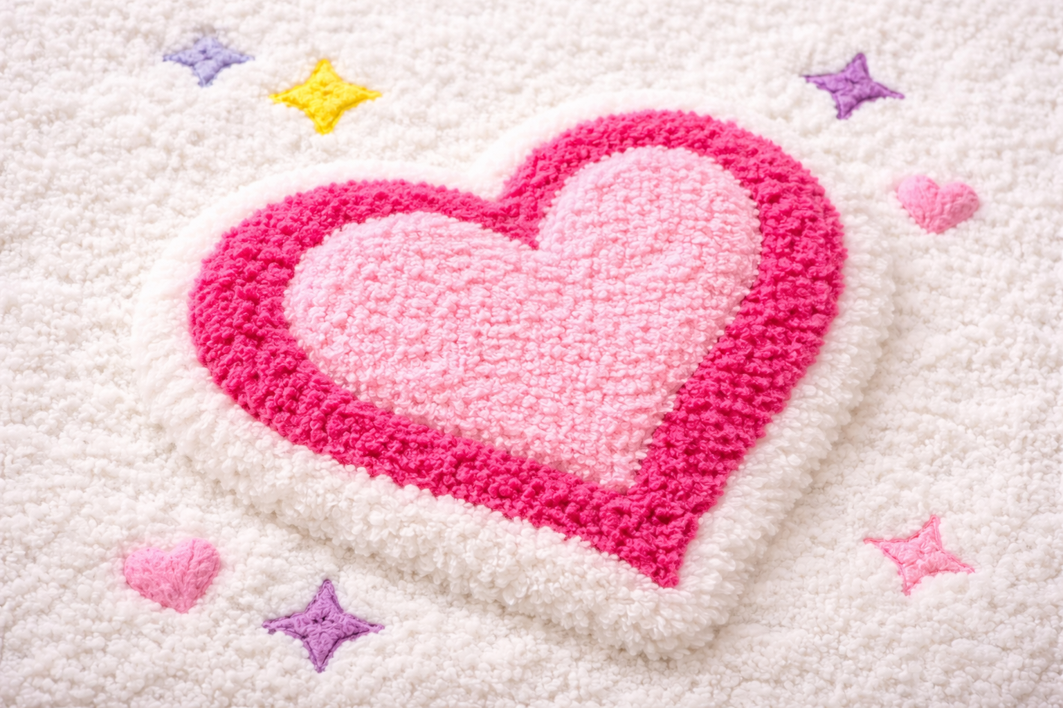 A fluffy white rug with embroidered pink and purple hearts and stars surrounding a large plush pink and red heart embroidery.