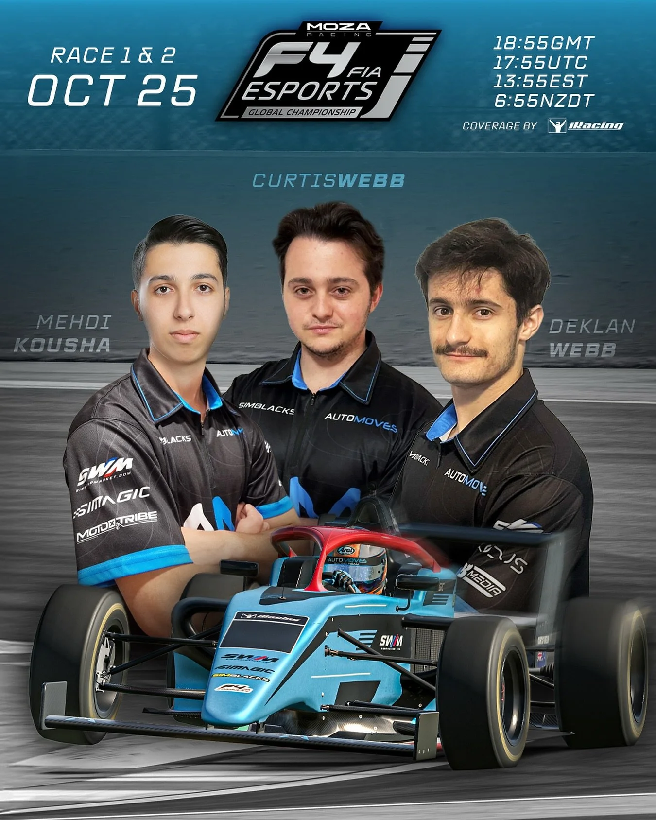 ITS F4 eSPORTS WEEK!
This weekend 3 of our Automoves Racing Team drivers do battle in the FIA Formula 4 eSports Global Championship! 

40 of the top F4 drivers around the world are competing for the $35,000USD Prize Pool! The track the drivers are co