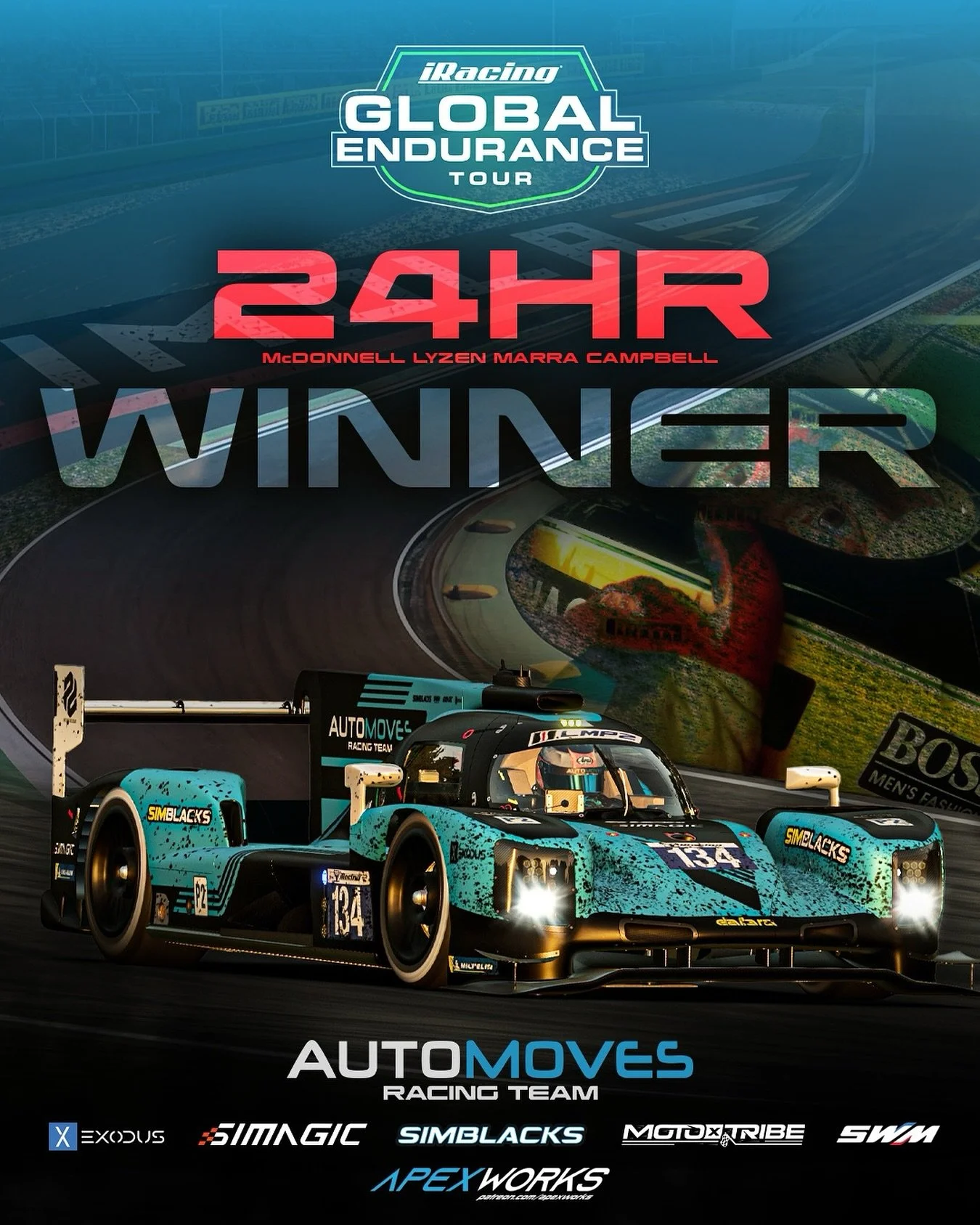 IMOLA 24HR WINNERS

LMP2 #134 has gone to win another 24hr in the Global Endurance Tour! A race with testing traffic and track limits has ended with a 7 lap margin over 2nd and 14 over 3rd! An absolute domination!

Our new Apexworks setup has been on