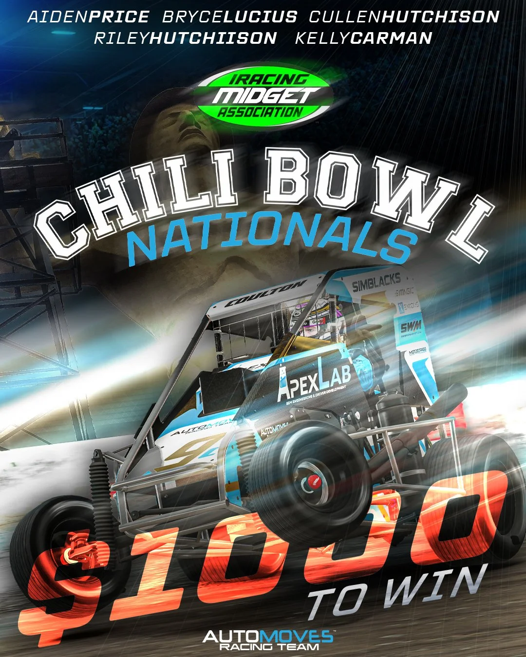 $1000 CHILI BOWL STARTS NOW!
Automoves Racing Team has 5 cars entered into the iRacing Midget Association Chili Bowl Nationals paying $1000USD to win! 

Four drivers are new to the team and looking for that debut win!

Best of luck to all teams compe