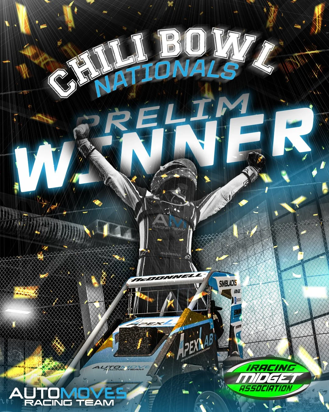 🔥MCDONNELL WINS IMA Chili Bowl Nationals Prelim!🔥

Automoves Racing Team's Jordan McDonnell holds off reigning iRacing World Champion in the World of Outlaws to win Thursday Night's Prelim Feature! 

This locks him into the Top 4 starting positions