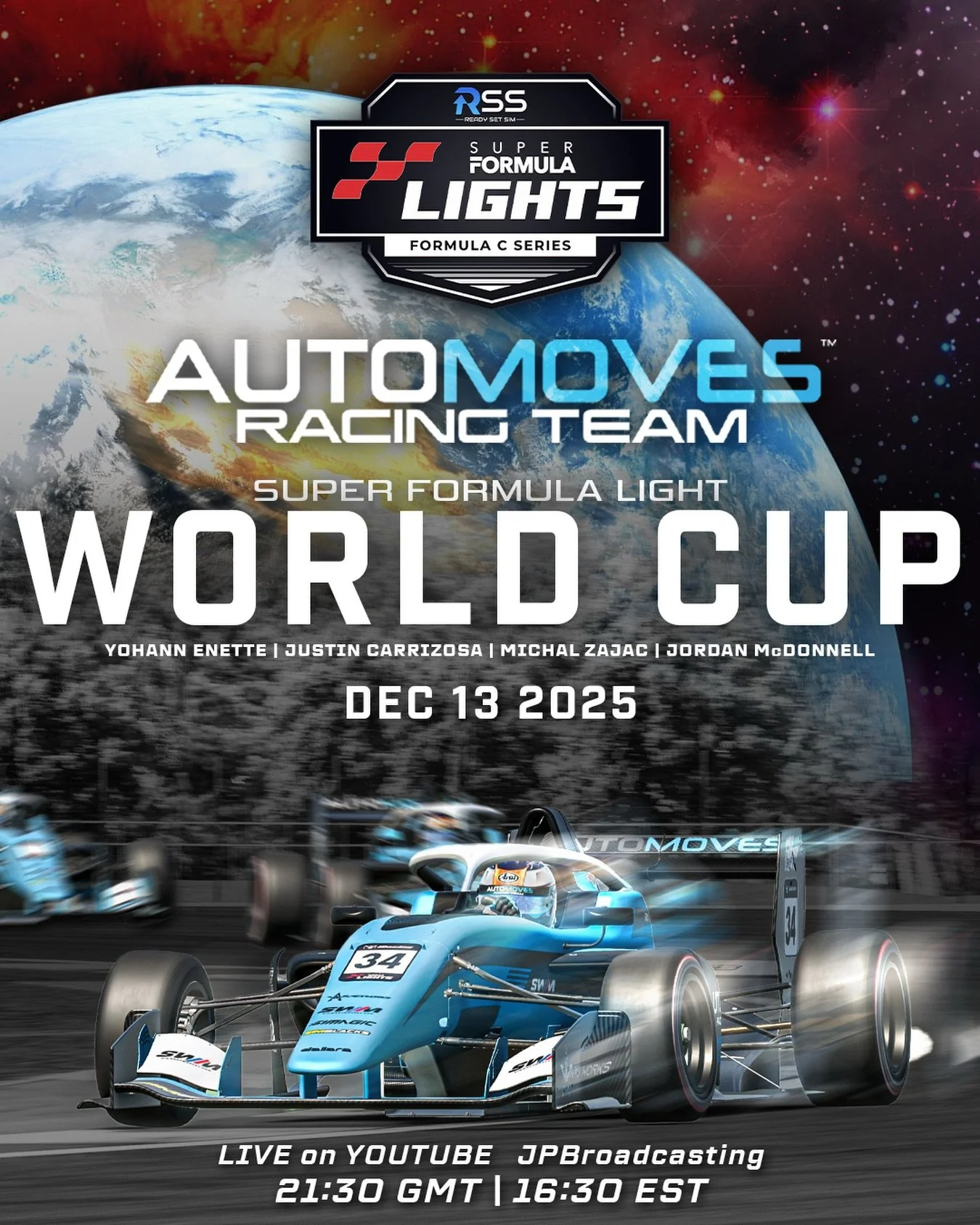 AUTOMOVES to take on WORLD CUP!

The return to Super Formula Light competition! Pleased to be entered into such a cool event hosted by @igpfunf3 

Our drivers are Yohann Enette, Justin Carrizosa, @michal_zajac_sim @jordanmcdonnell34 

Live on YouTube