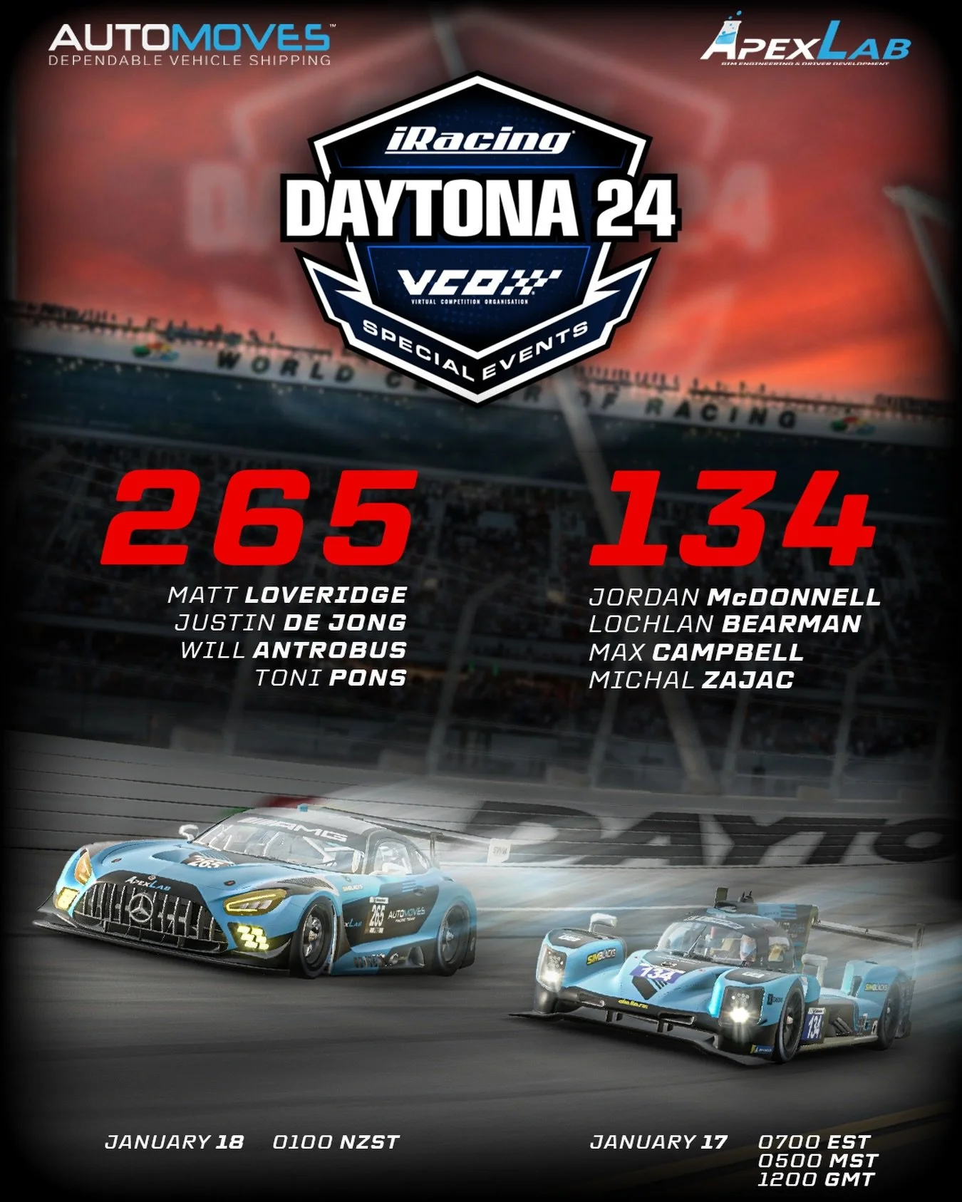 THE DAYTONA 24 HOUR!

A HUGE weekend ahead for Automoves Racing Team. Fielding two cars in the iRacing Daytona 24hr! This is the biggest race of the year for special events and we cant wait to get into it!

Preparations are complete with @apexlabdev 