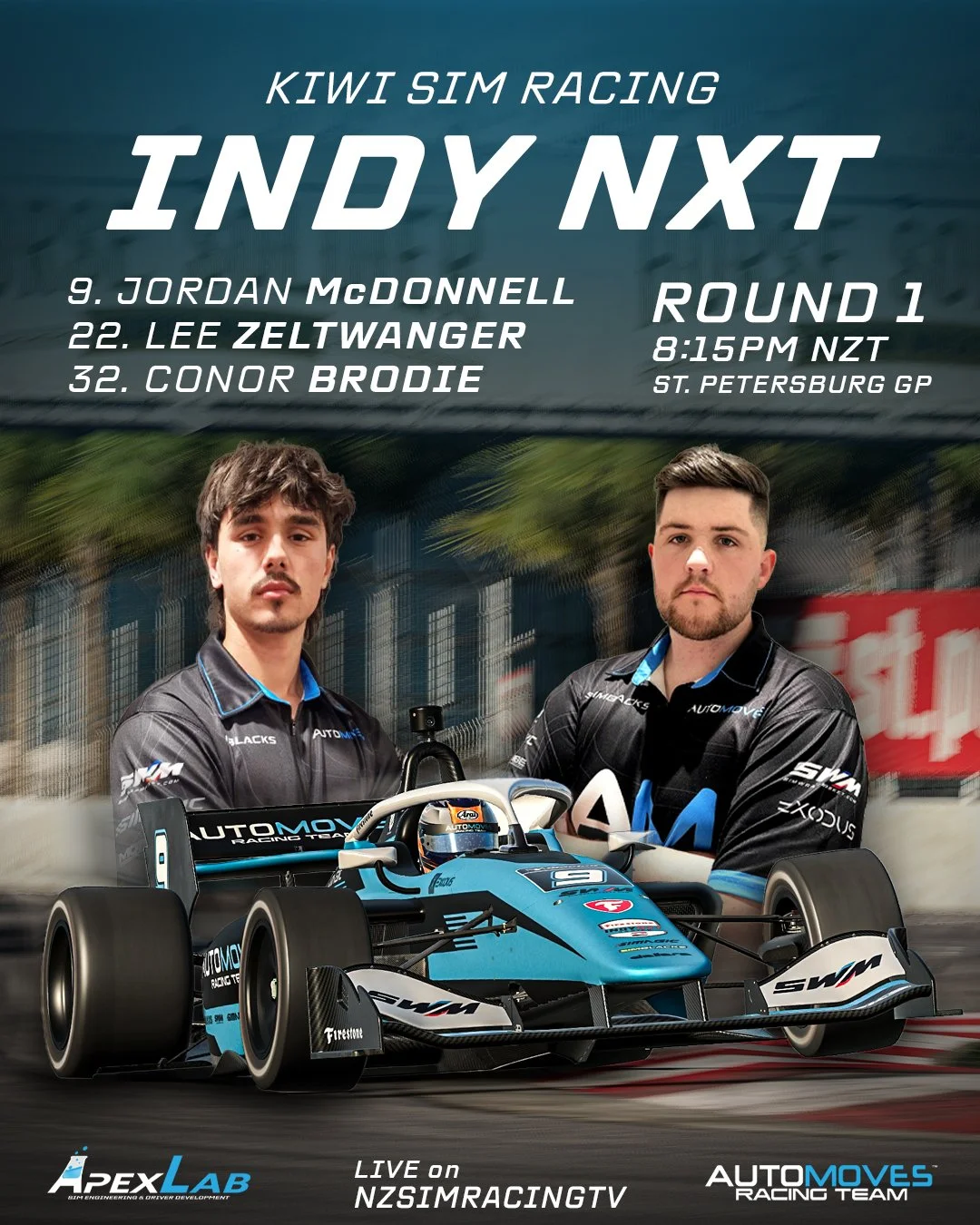 KSR INDY NXT SERIES - ROUND 1

Automoves Racing Team is making a return to Oceanic Formula Racing! Lee Zeltwanger, Jordan McDonnell &amp; Conor Brodie are set to battle on the streets of St Petersburg tonight in the Kiwi Sim Racing Indy NXT Series!

