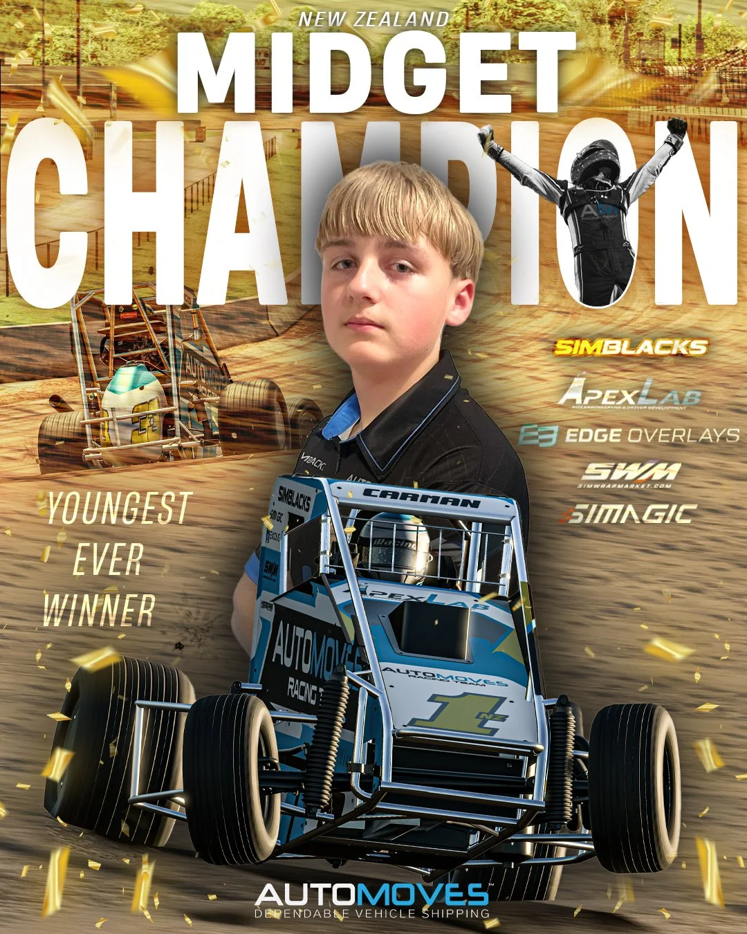 KELLY CARMAN IS YOUR 2026 eSports NEW ZEALAND MIDGET CHAMPION!

The youngest ever winner of the prestigious event, leading a lights to flag domination. Success in the heats and qualifiers had him locked into a front row start where he ripped the fenc