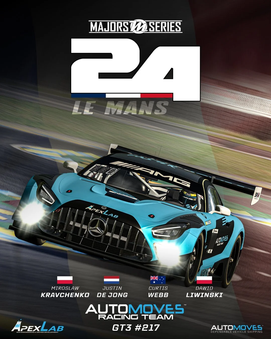🏁 AUTOMOVES RACING TEAM GT3 #217 READY FOR THE MAJORS 24HR OF LE MANS 🏁

Our Mercedes-AMG GT3 #217 is locked in and ready to take on the Majors 24 Hours of Le Mans!

Driver lineup:
🇵🇱 Dawid Liwinski
🇵🇱 Miroslaw Kravchenko
🇦🇺 Curtis Webb
🇳🇱 