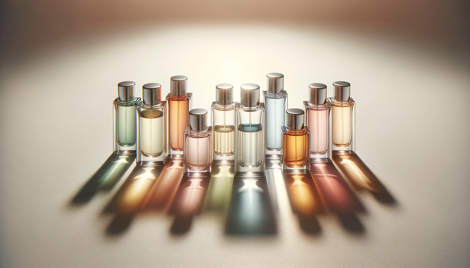 A collection of glass perfume bottles with colorful liquids, casting elongated shadows on a light surface.