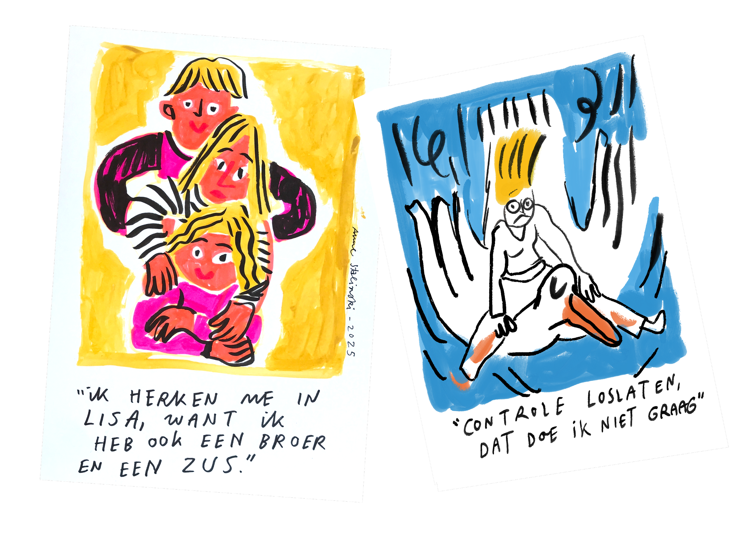 Colorful drawings of two postcards, one depicting a family with two parents and two children, and the other showing a person sitting on the floor surrounded by curtains, with handwritten Dutch captions.