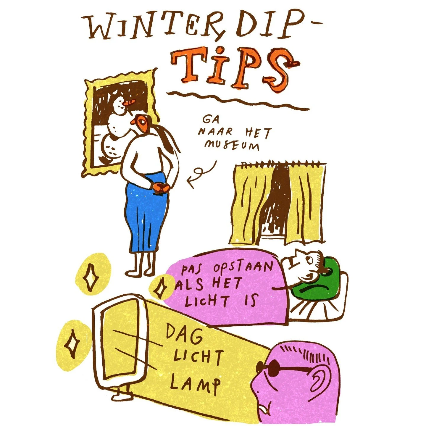 Lees ze allemaal op mijn substack! (link in bio) ok, dit zijn ze eigenlijk al allemaal. Niet zelf bedacht, het is input van de mensen hier op instagram die ik vroeg 'Wat helpt tegen een winter-dip?' #illustration #illustratorlife #dailylife #winterdi