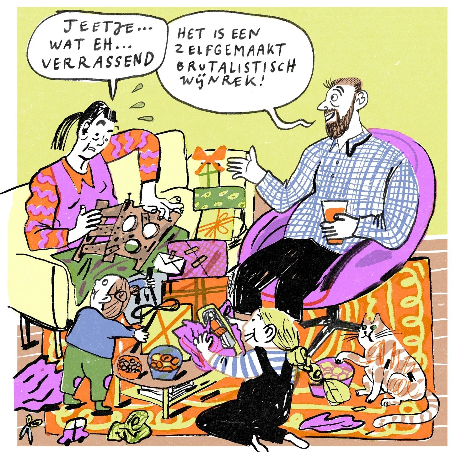 Heeft iedereen -die het viert- een leuke sinterklaas gehad?🔥 Recente illustratie voor het FDpersoonlijk, bij een stuk van Maud Beucker @maud_schrijft #illustratie #instaillustratie #instadrawing #ink #colourfullillustration #cadeautjes #cadeauetique