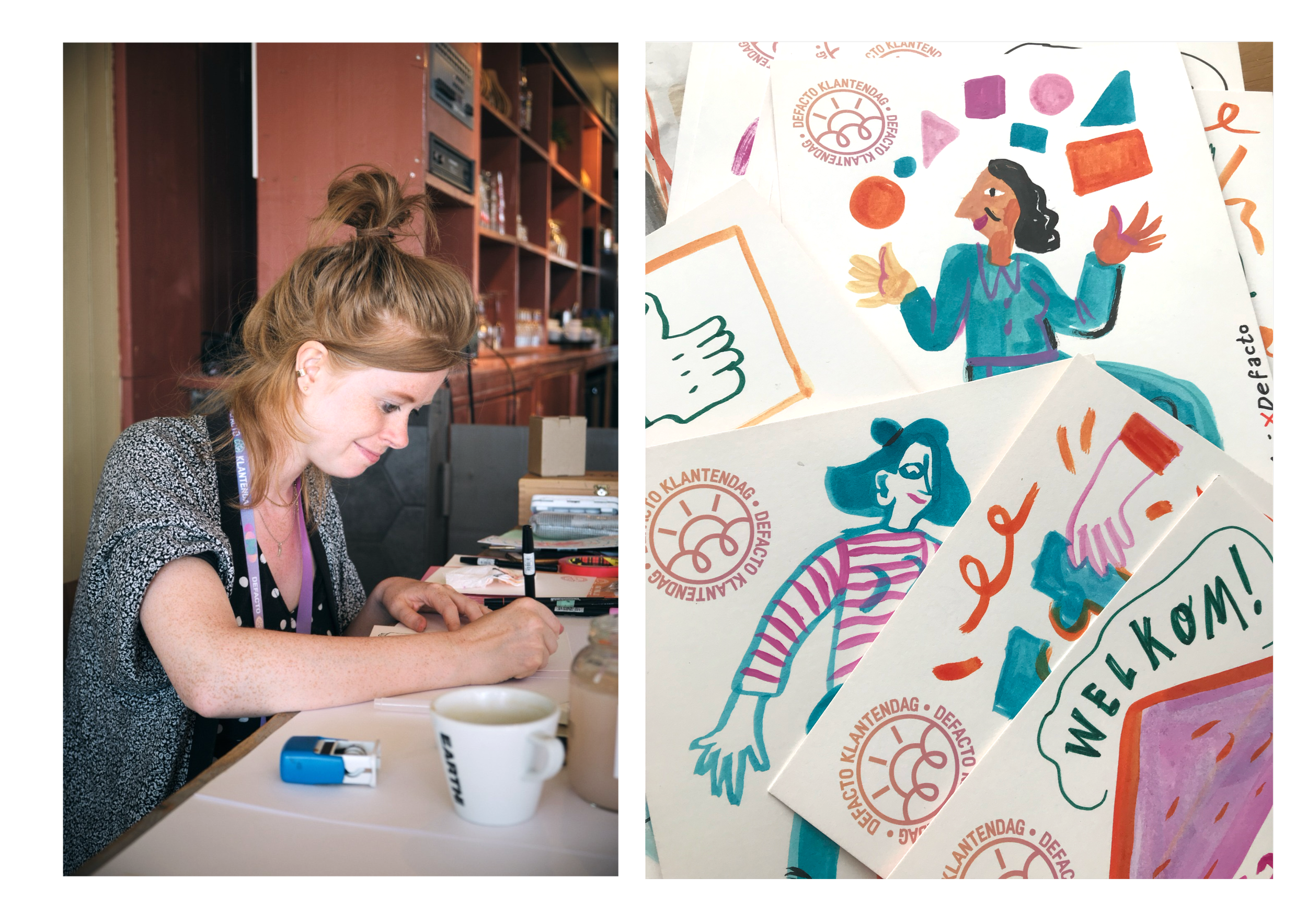 A woman with red hair drawing on a paper at a desk in a cozy, well-organized room, and colorful illustrated cards with welcoming messages and people, featuring playful illustrations mostly in shades of blue, pink, orange, and purple.