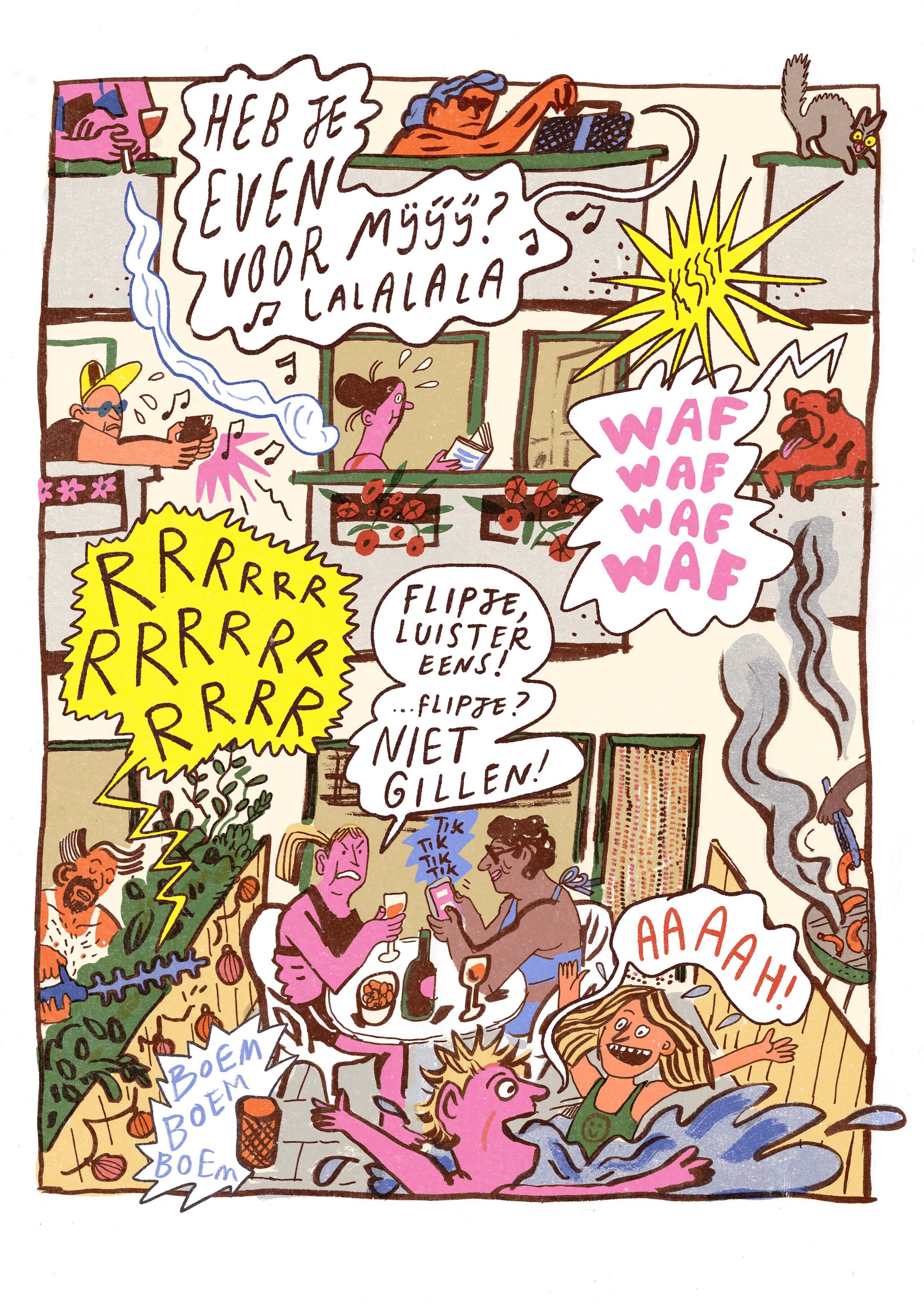 A lively cartoon party scene with people singing, playing, and chatting. Several cats and dogs are seen, one playing with a yarn ball, and one diving into a fishbowl. The characters are engaged in various activities like singing, drinking, and socializing, with speech bubbles containing songs, chatter, and humorous comments. Bright colors and playful expressions create a cheerful, chaotic atmosphere.