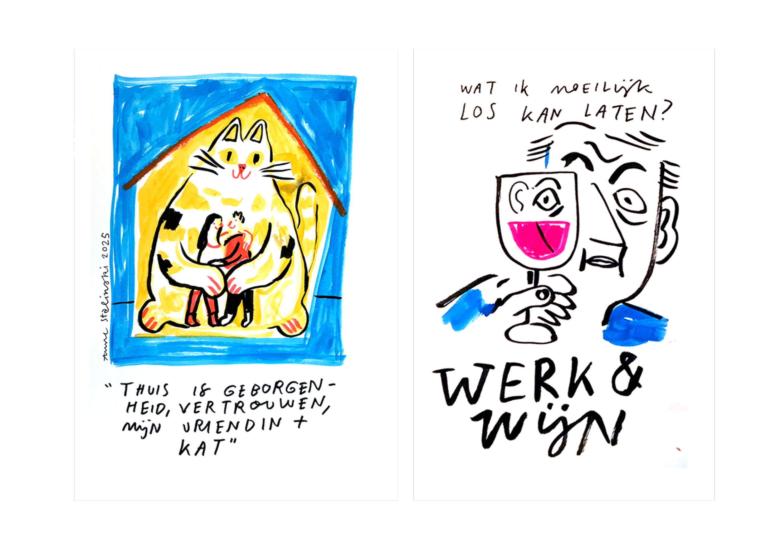 A colorful drawing of two cats in a yellow house with a blue background, accompanied by handwritten Dutch text; a separate sketch of a person holding a glass of wine, with Dutch handwritten questions and text.