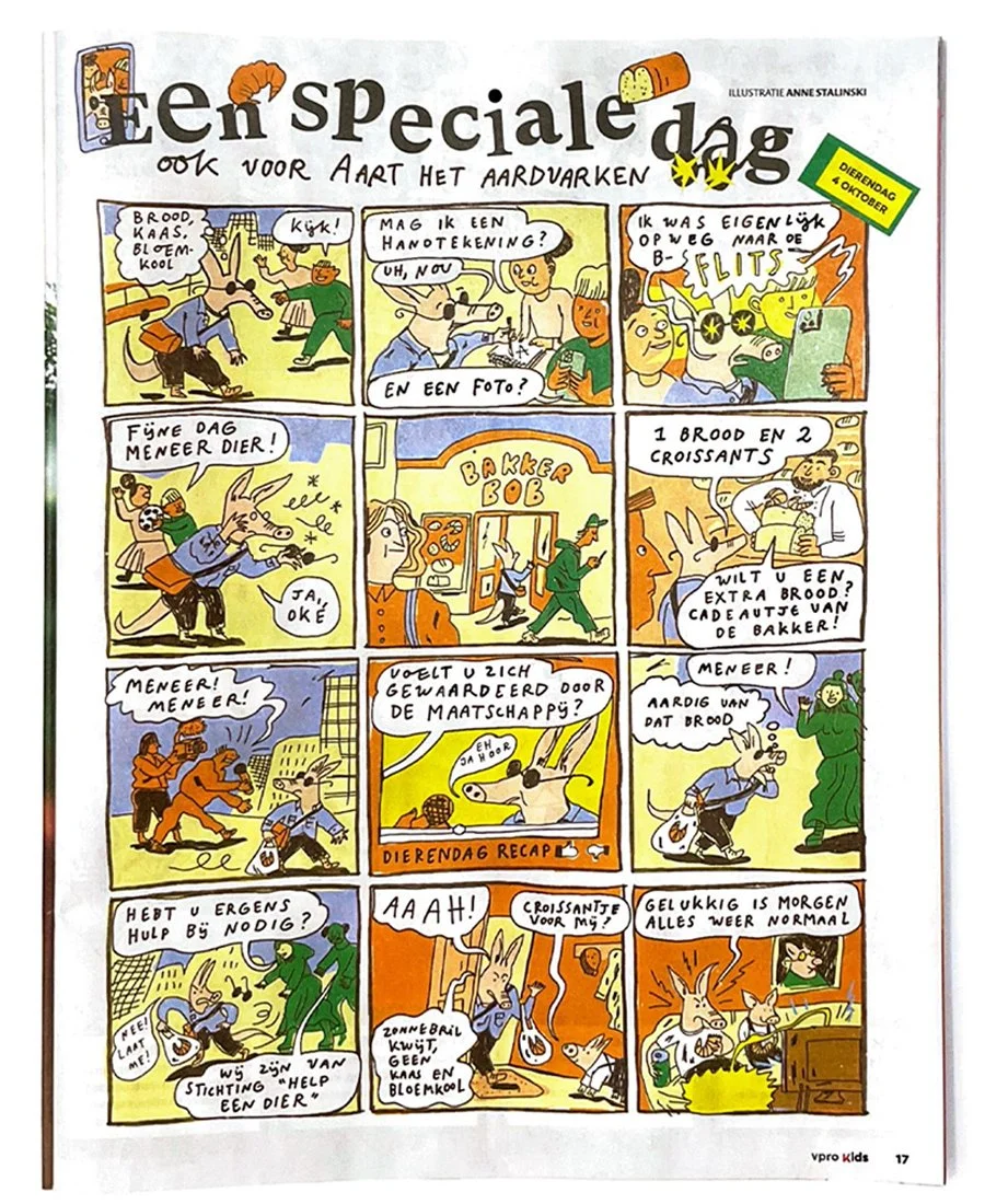 A comic strip celebrating animal day, featuring a rabbit, a dog, and a pig. The rabbit is shopping for bread and croissants, with scenes of the dog and pig participating in various activities, including a social event and helping animals in need.