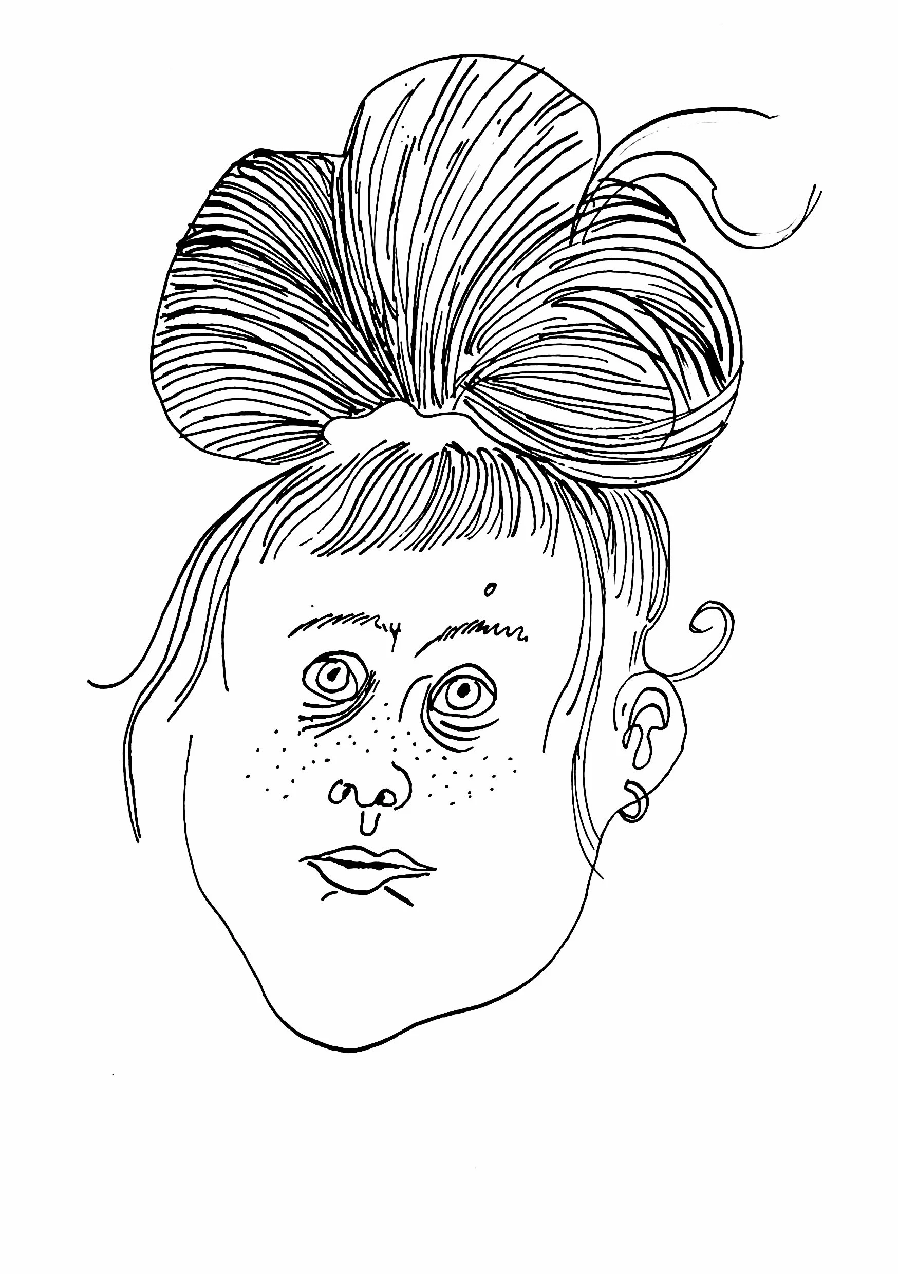 Black and white line drawing of a woman's face with a large bow on her head, curly hair, freckles, and earrings.