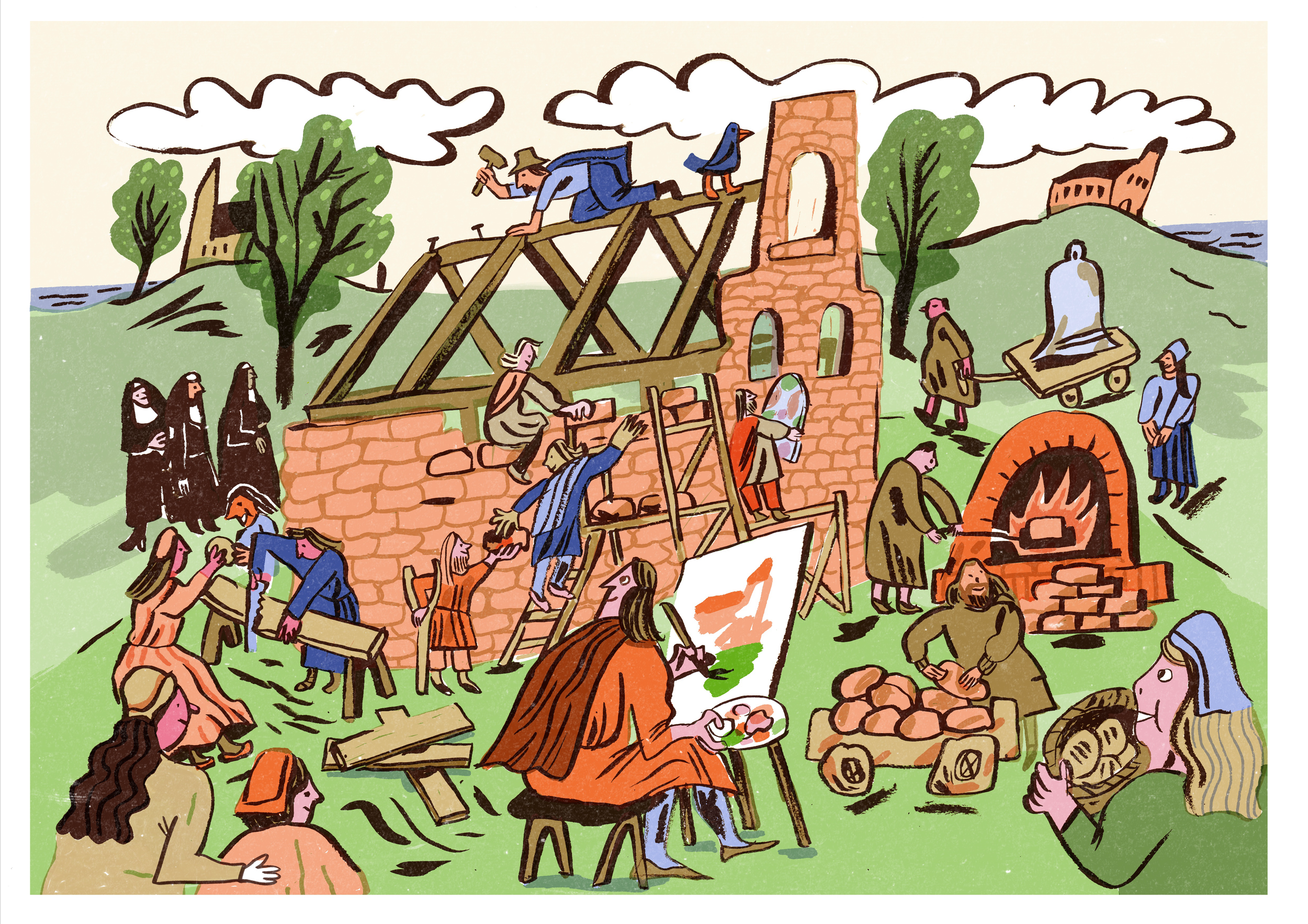 Illustration of medieval construction scene with workers building a brick tower, some climbing scaffolding, others handling bricks, and a person painting on a canvas, in a green landscape with trees and a distant castle.
