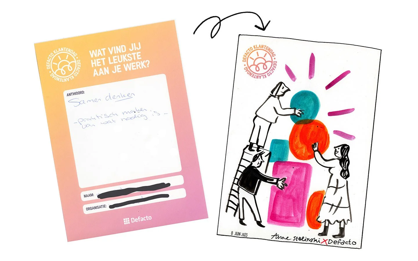 Colorful illustration of three people stacking and arranging large colorful spheres and blocks, with pink lines radiating from a teal sphere.