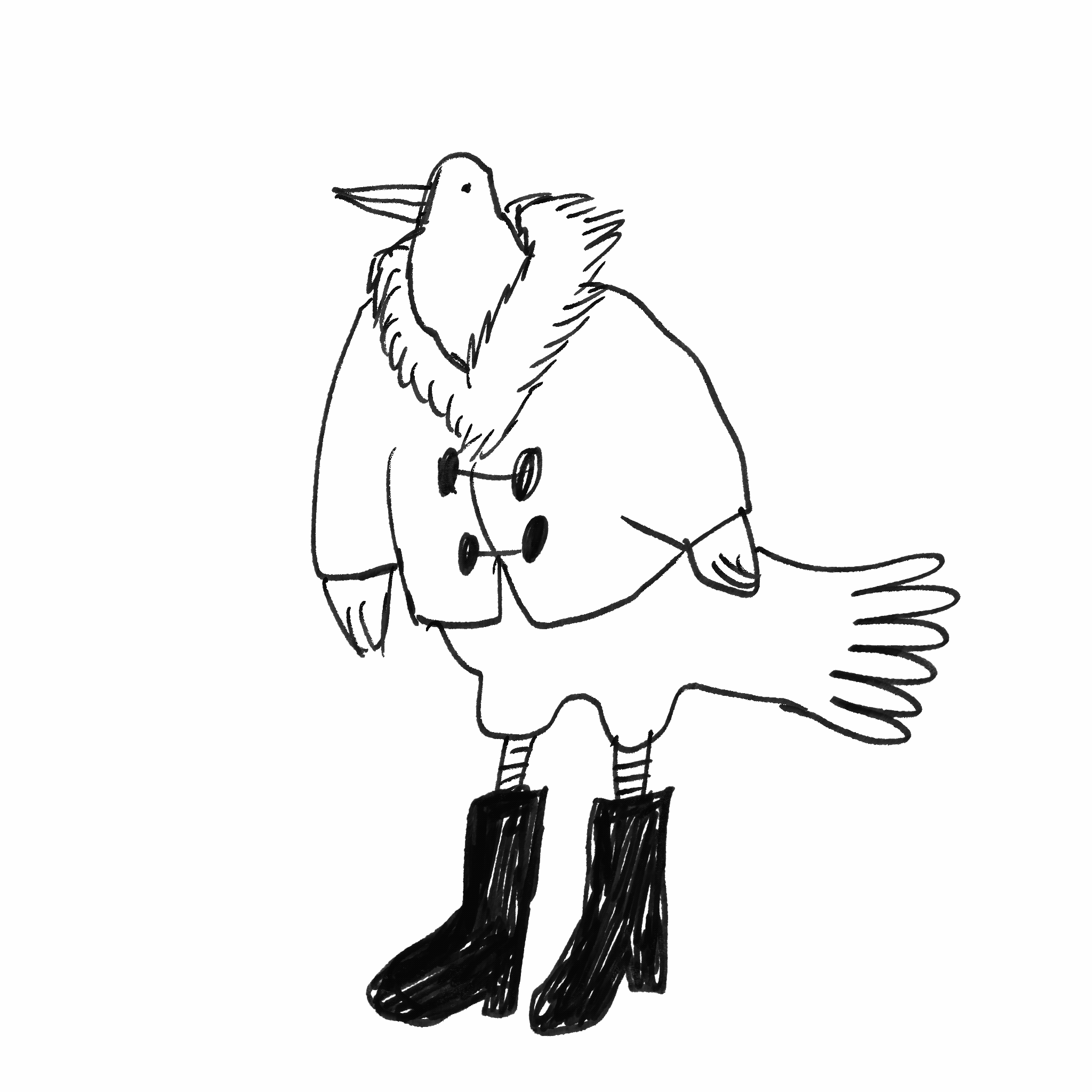 Line drawing of a bird with a long beak, wearing a coat with large buttons, a skirt, tall boots, and striped socks.