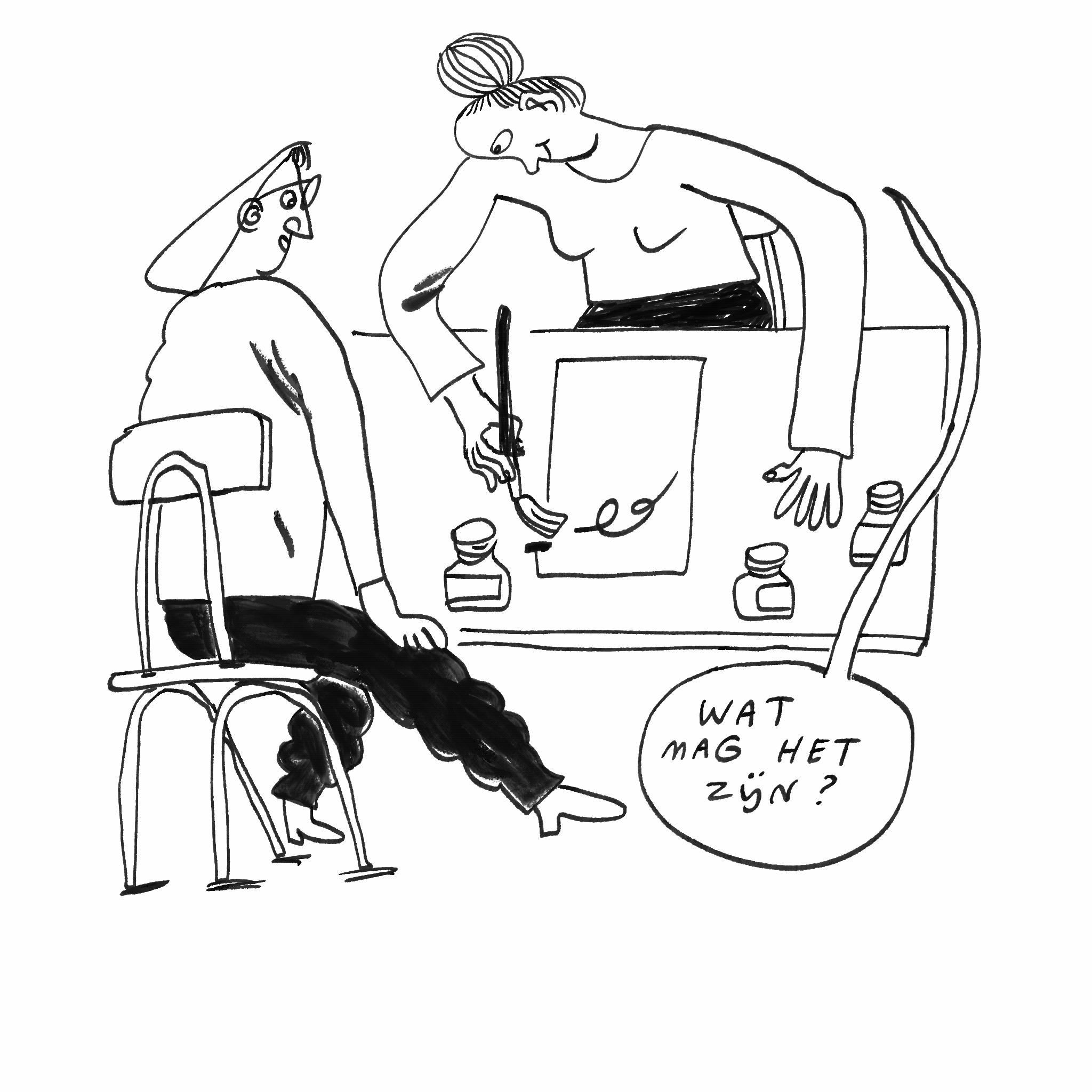 A black and white cartoon drawing of two women at a table, one with a bun hairstyle and the other with glasses and a headscarf. They are sitting and engaging in a conversation; the woman with glasses asks, "What kind of museum is this?"