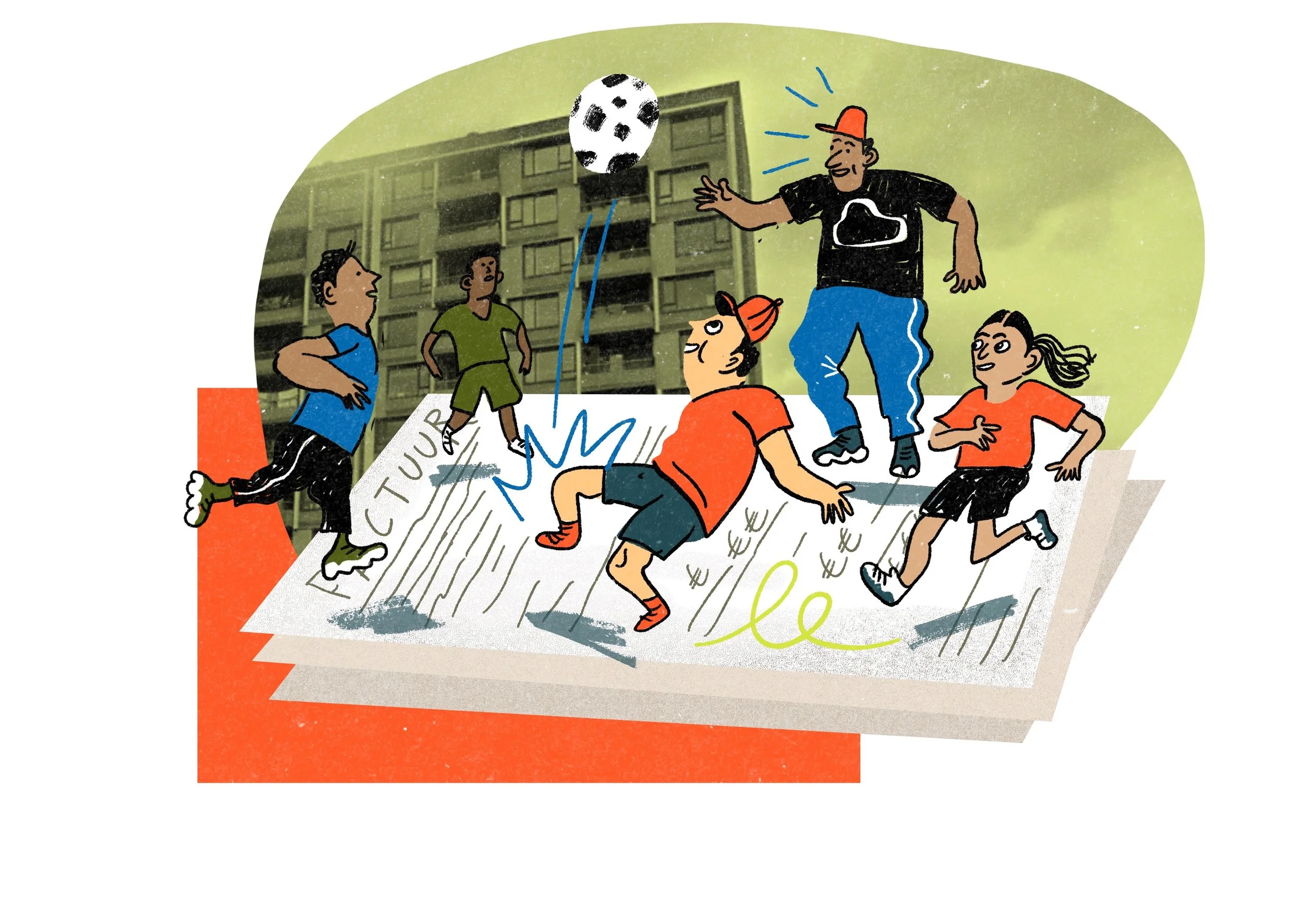 Cartoon children playing and falling on a paper surface while a man throws a soccer ball to them outdoors.