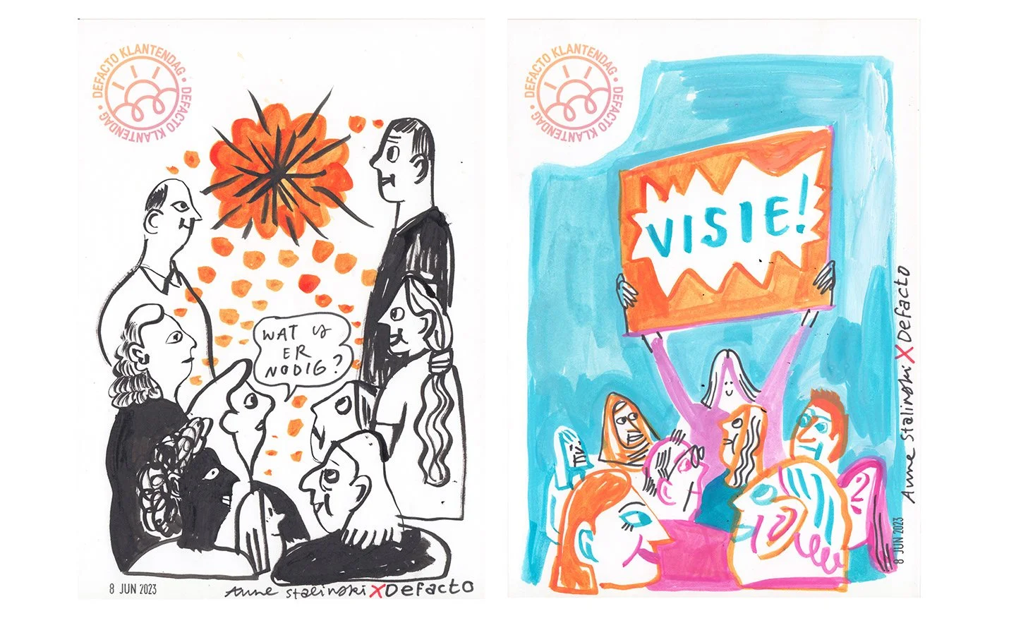 Two colorful illustrations, one depicting a group of people with a flower and a talking dog, and the other showing a crowd with a woman holding an 'VISIT!' sign.