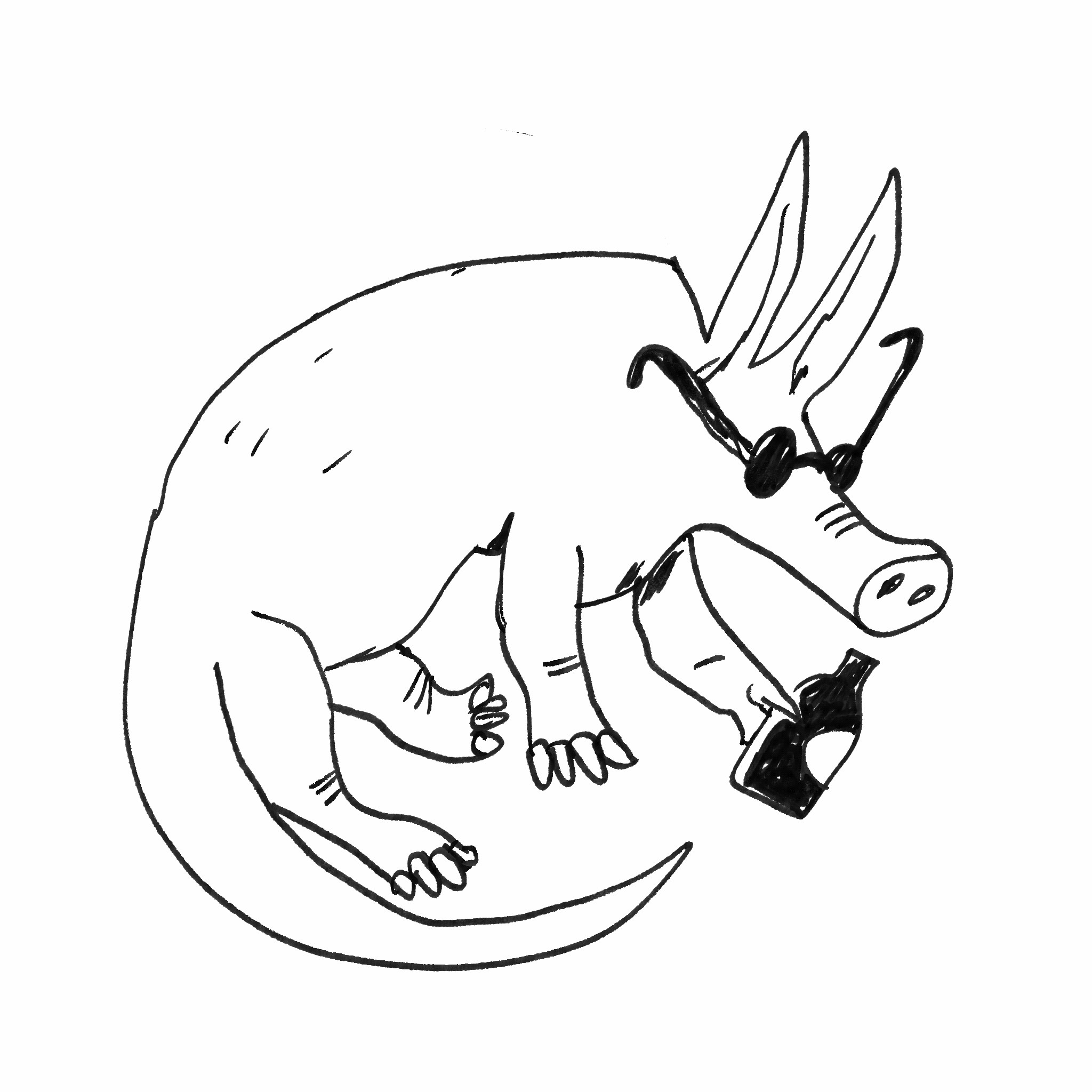 Black and white sketch of a creature with the body of a dog or wolf, wearing sunglasses, with three horns on its head, and a body parts resembling a gun or a camera.