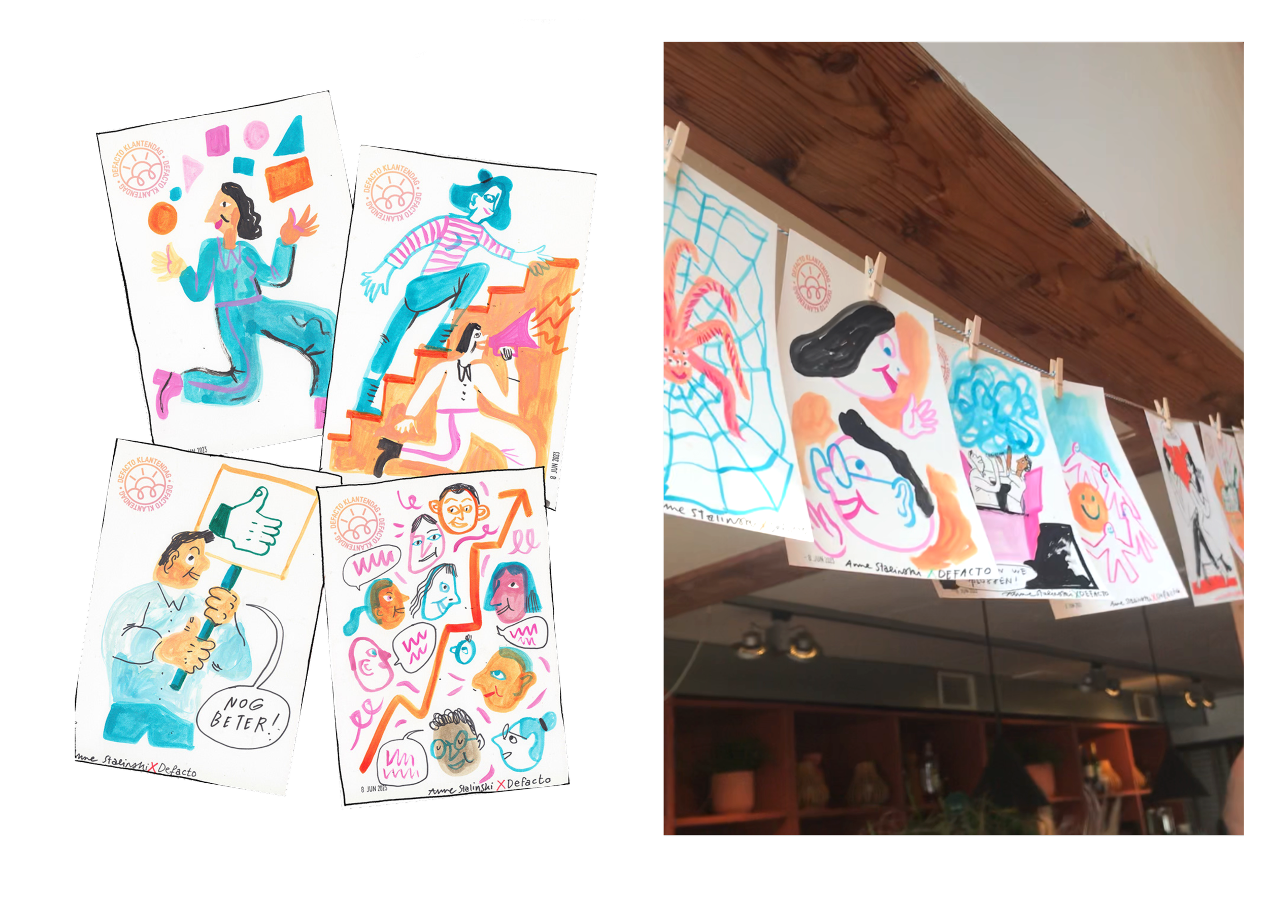 Colorful illustrated posters of people and abstract faces hanging on a string with clothespins in an indoor setting.