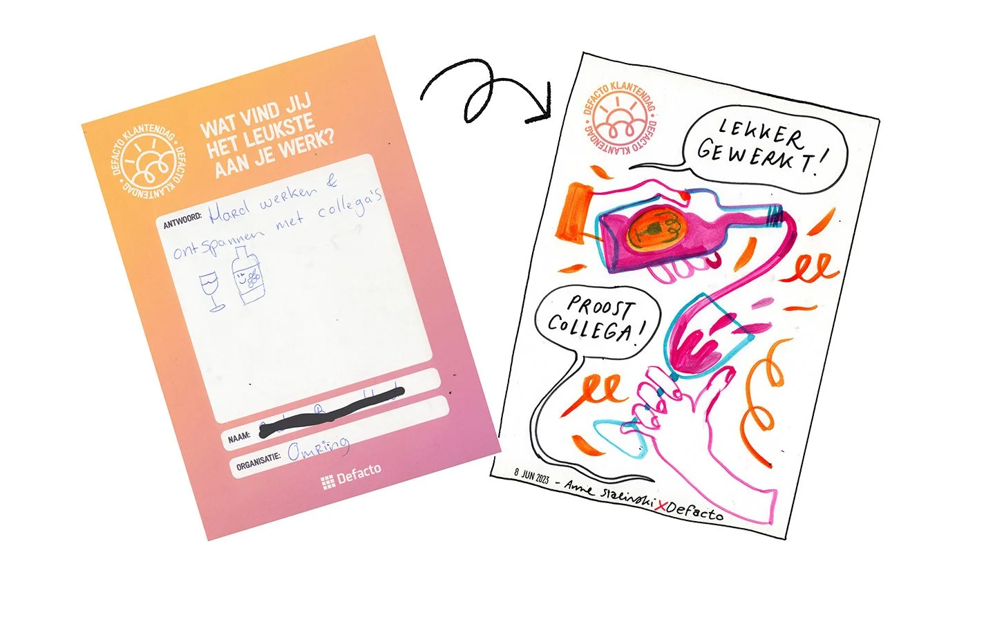 Colorful illustration of a hand holding a wine glass and bottle with confetti around, and a signed date, artist name, and logo at the bottom.